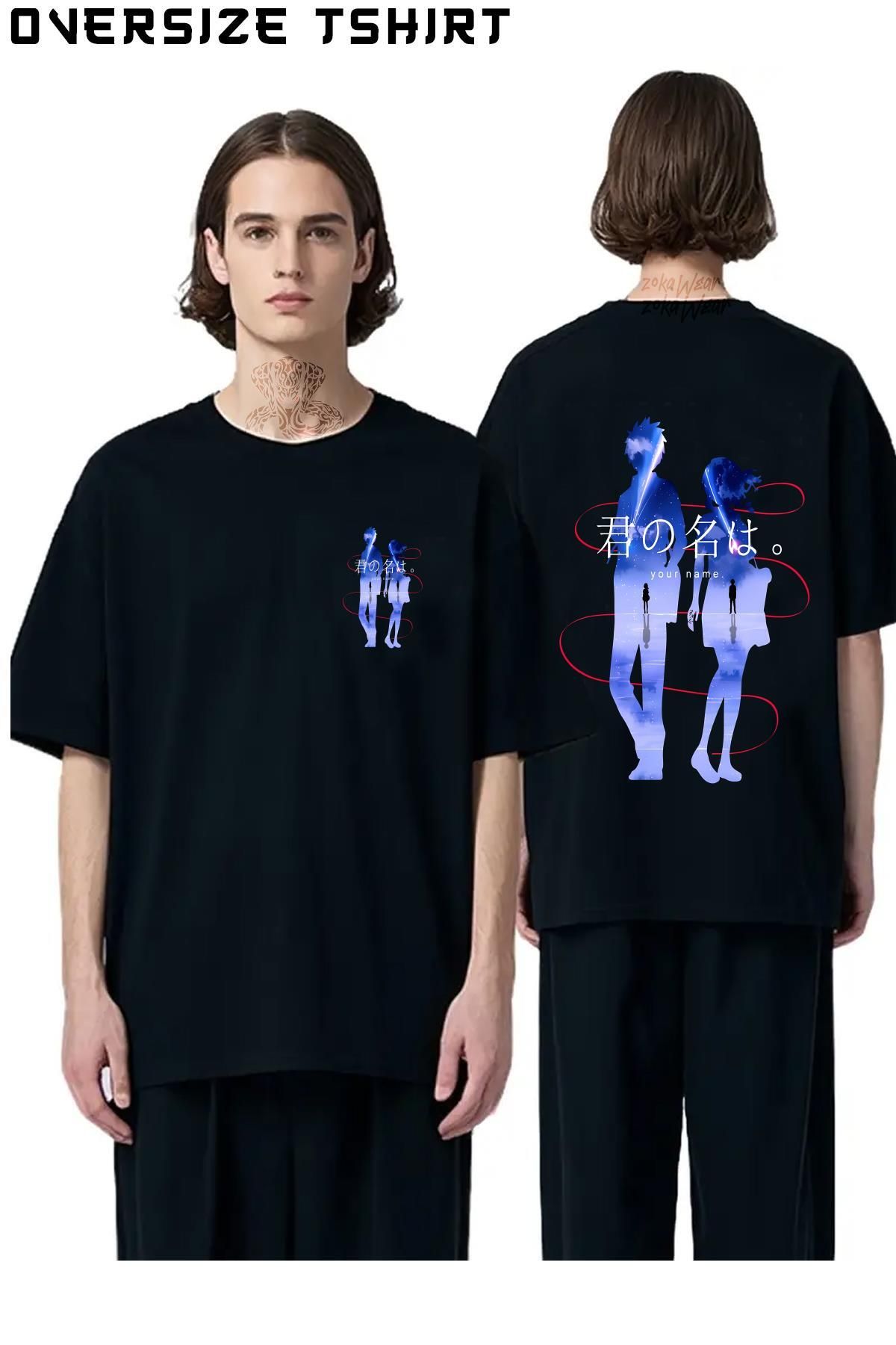 ZOKAWEAR Kimi-No-Na-Wa-Your-Name-Mitsuha-&-Taki-Comet Sırt Baskılı Oversize Tişört