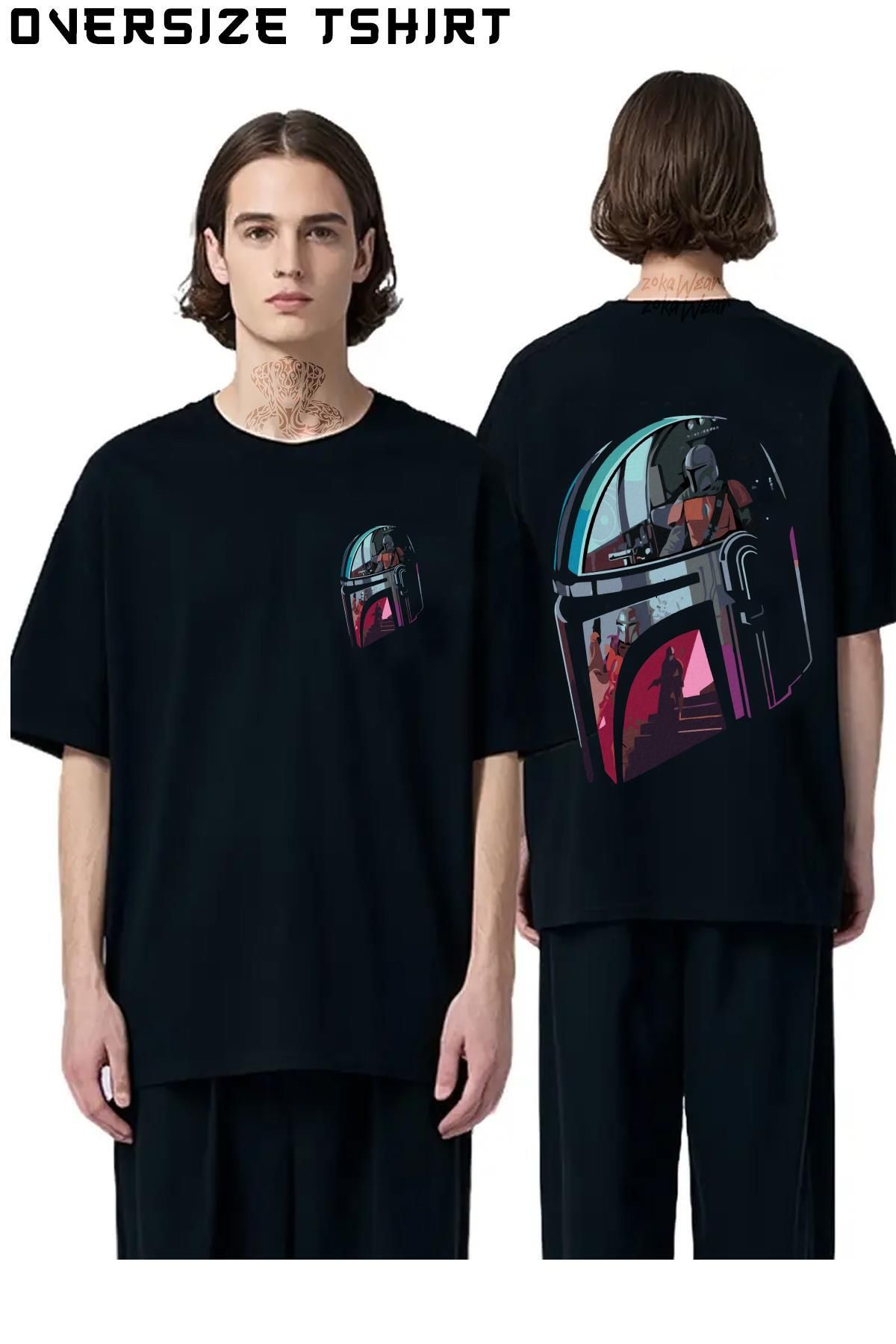 ZOKAWEAR Starwars-Mandalorian-Kask Sırt Baskılı Oversize Tişört