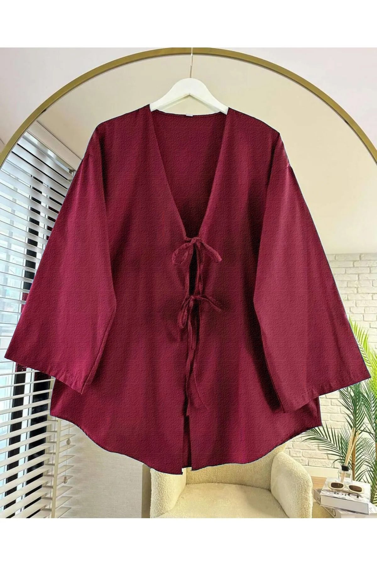 Kayz Tekstil Önü bağlamalı Kimono Kaftan Tunik / Açık Bordo