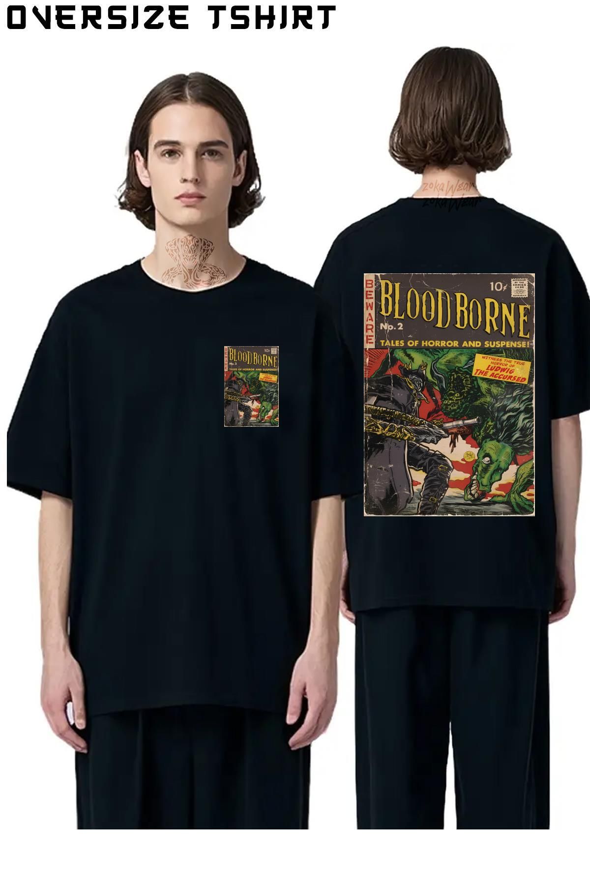 ZOKAWEAR Bloodborne-Comic-Cover-Fan-Art Sırt Baskılı Oversize Tişört