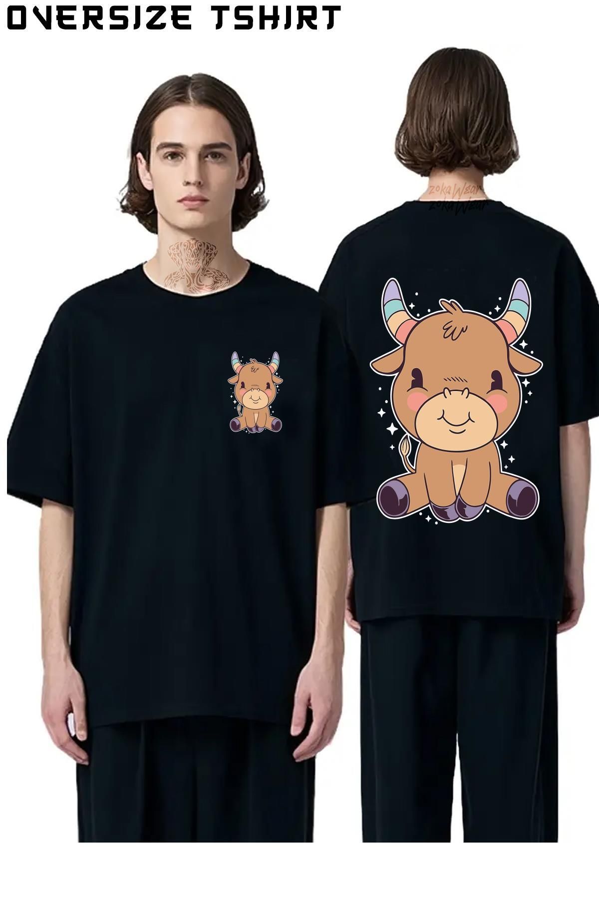 ZOKAWEAR Sevimli-Renkli-Boğa Sırt Baskılı Oversize Tişört