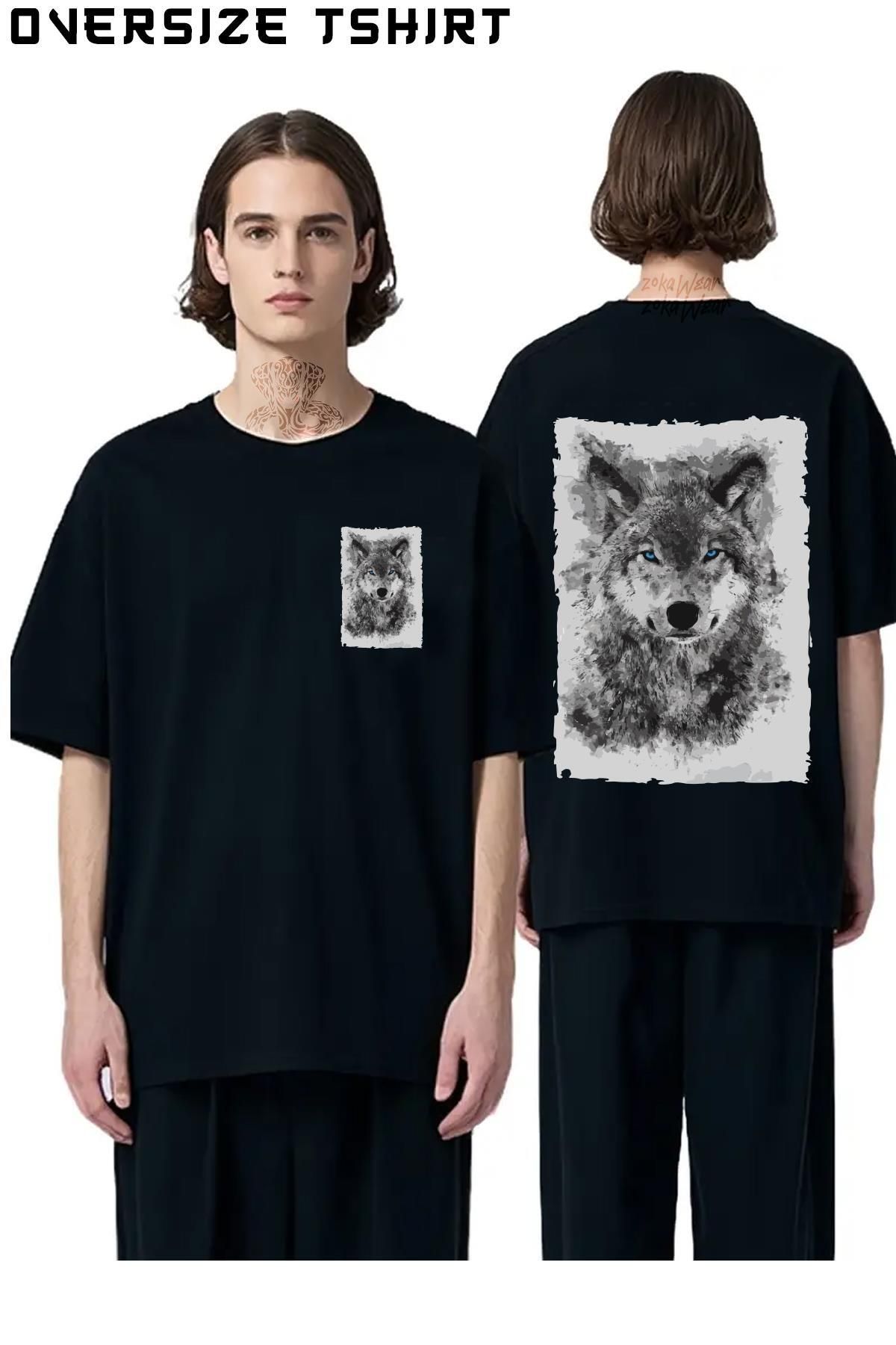 ZOKAWEAR Mavi-Gözlü-Kurt-Özel Sırt Baskılı Oversize Tişört