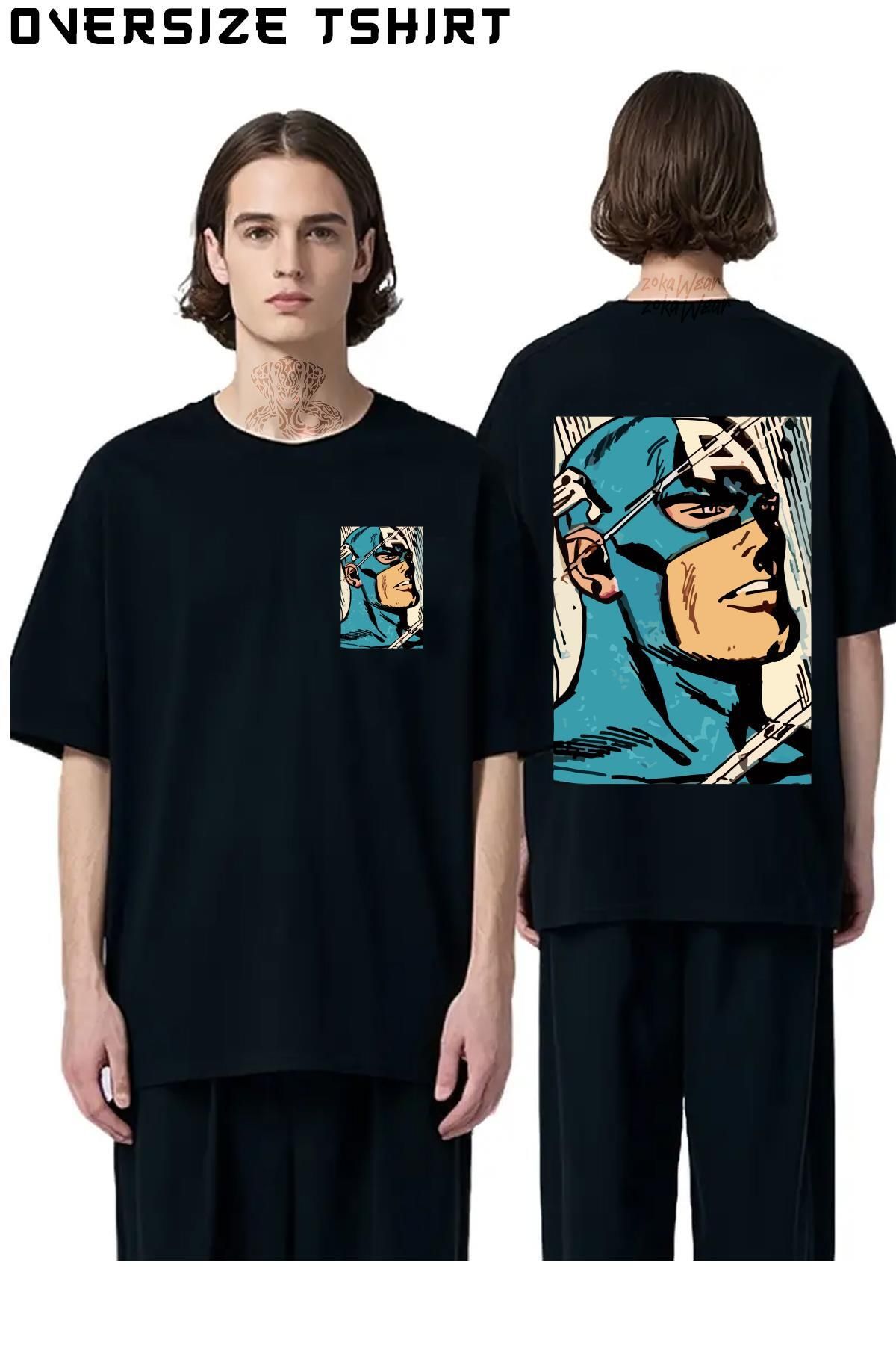 ZOKAWEAR Kaptan-Amerika Sırt Baskılı Oversize Tişört