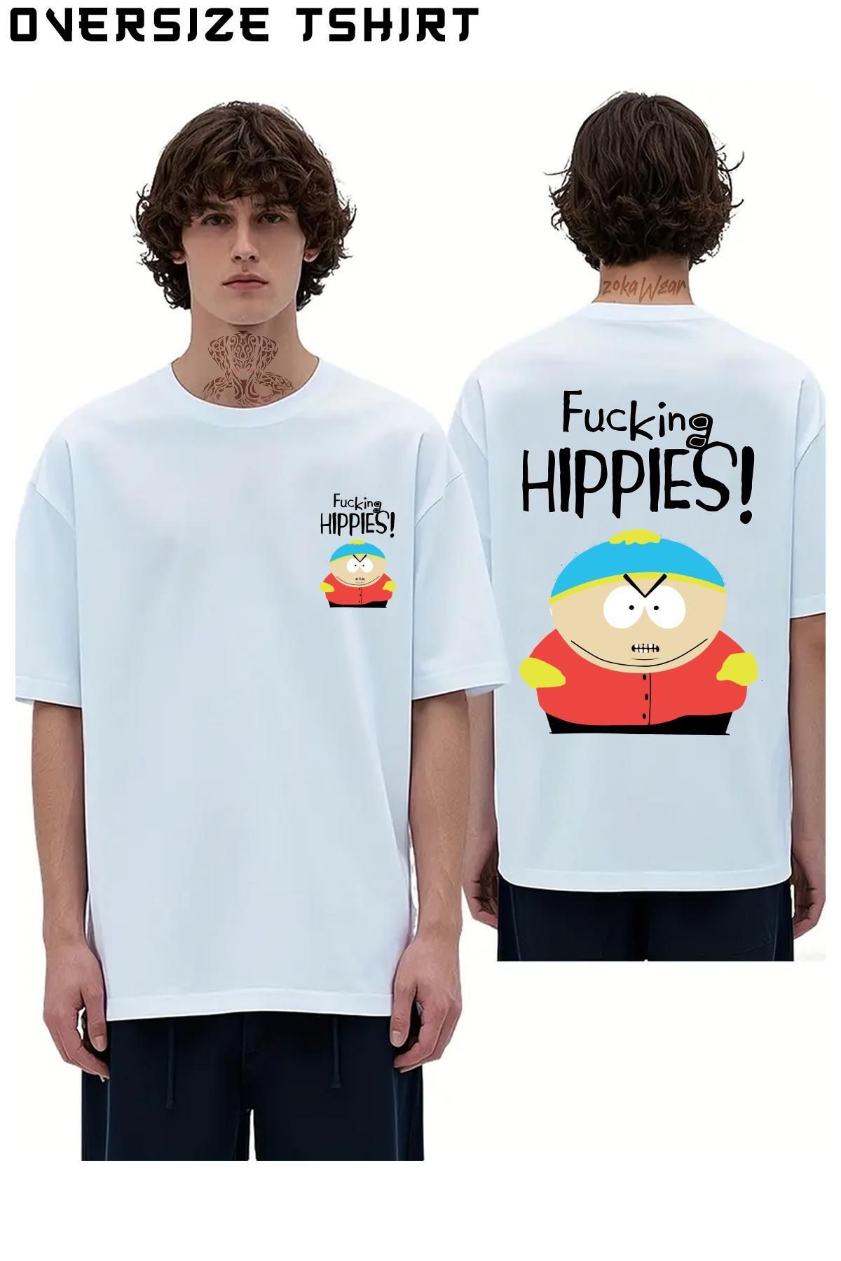 ZOKAWEAR F-King-Hippies!-Eric-Cartman Sırt Baskılı Oversize Tişört