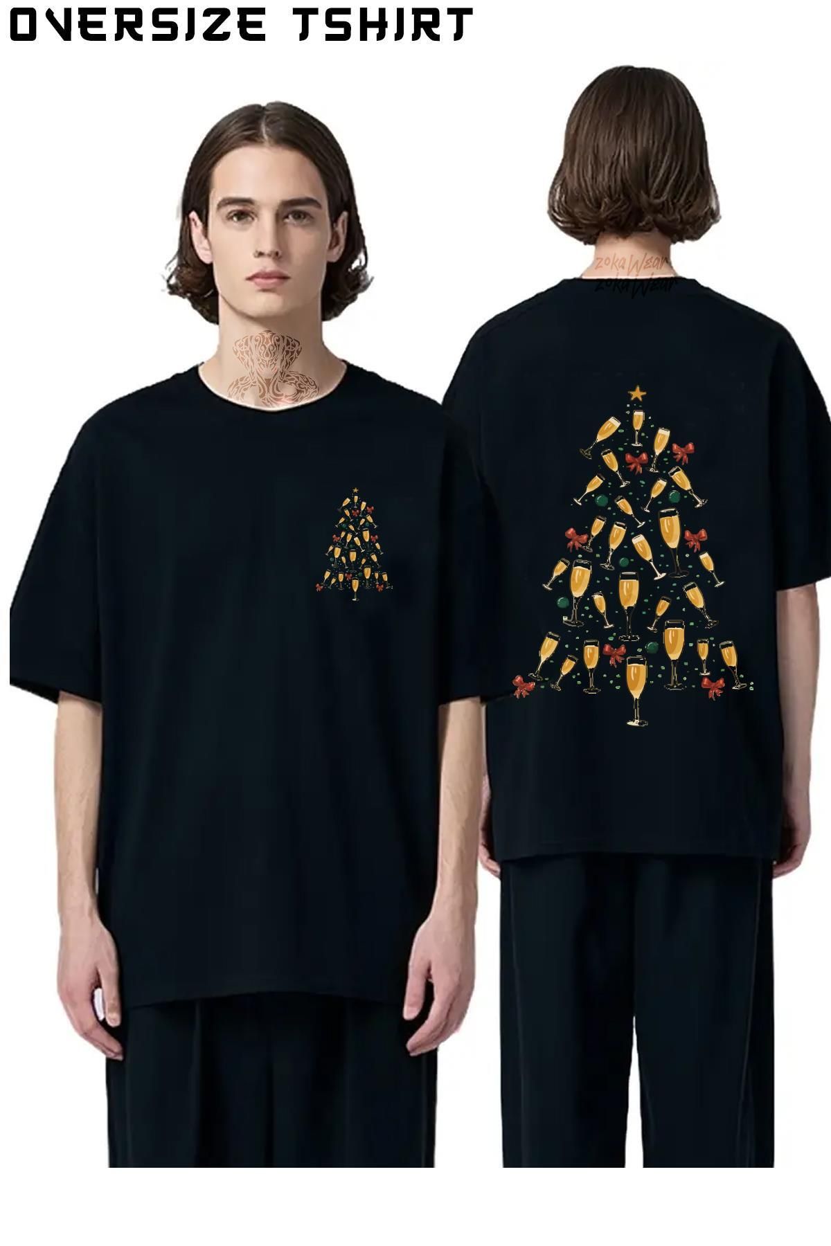 ZOKAWEAR Kadeh-Yeni-Yıl-Çam-Ağaç-Yılbaşı Sırt Baskılı Oversize Tişört