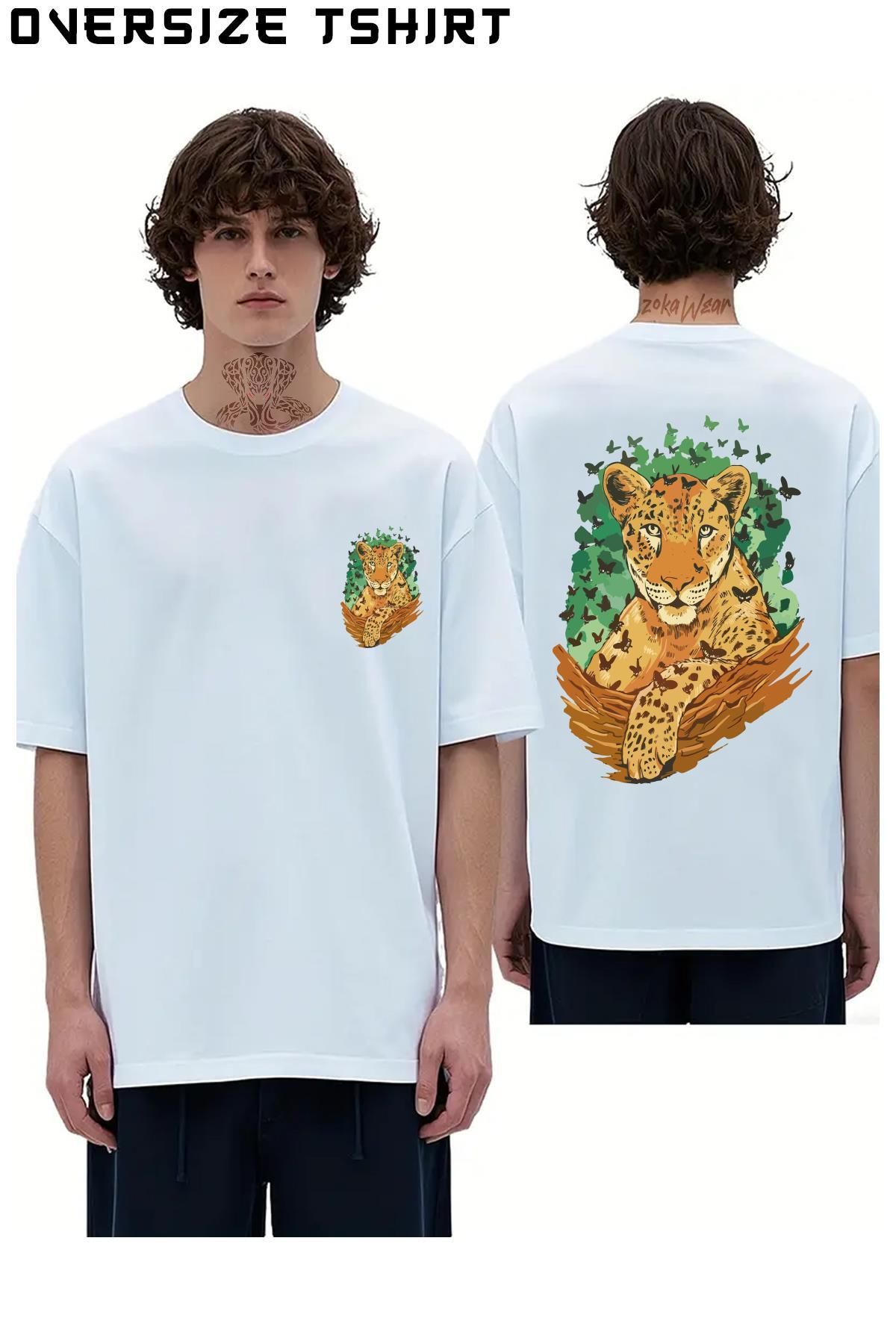 ZOKAWEAR Doğa-Kaplan-Kelebek-Orman Sırt Baskılı Oversize Tişört