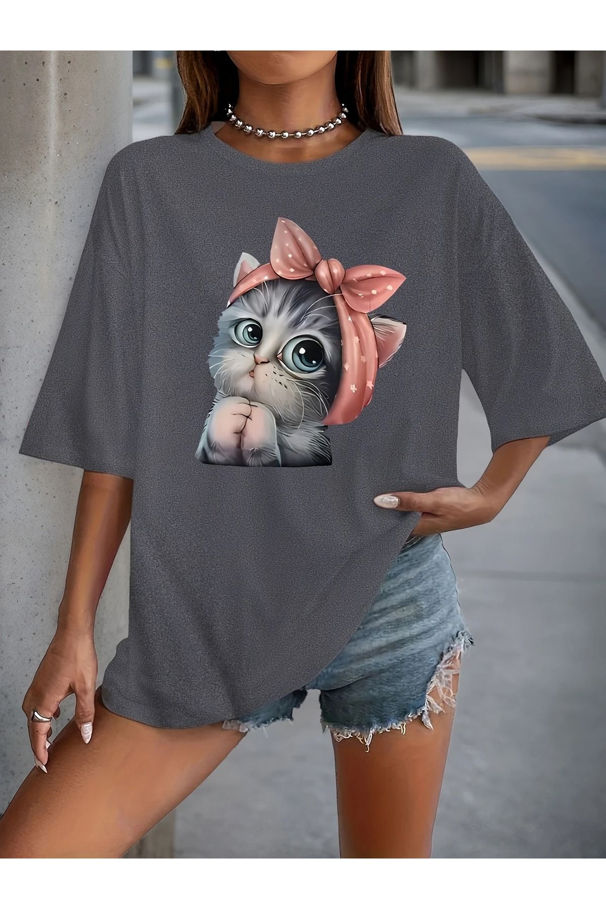 WOODROFFE Kadın Sevimli Kedi Baskılı Oversize Salaş Bisiklet Yaka T-shirt Boyfriend