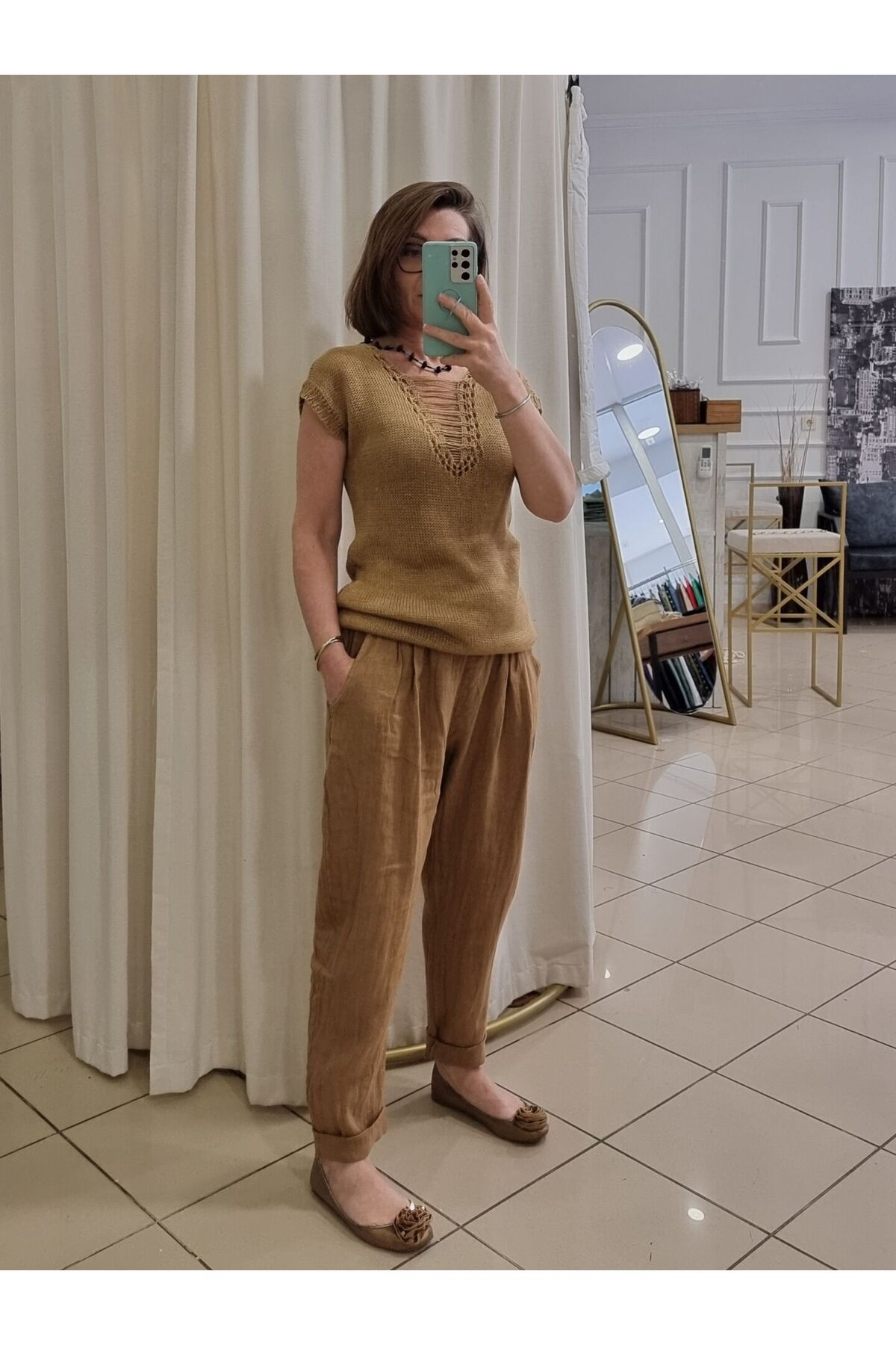 pudubutik Havuç Kesim Keten Pantolon Camel