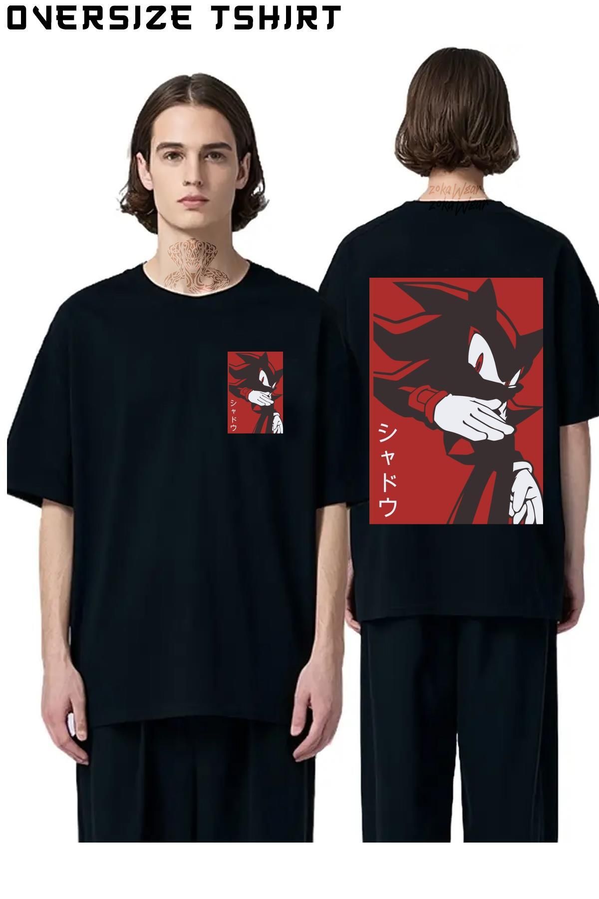 ZOKAWEAR Black-Shadow-Hedgehog-Manga-Style Sırt Baskılı Oversize Tişört