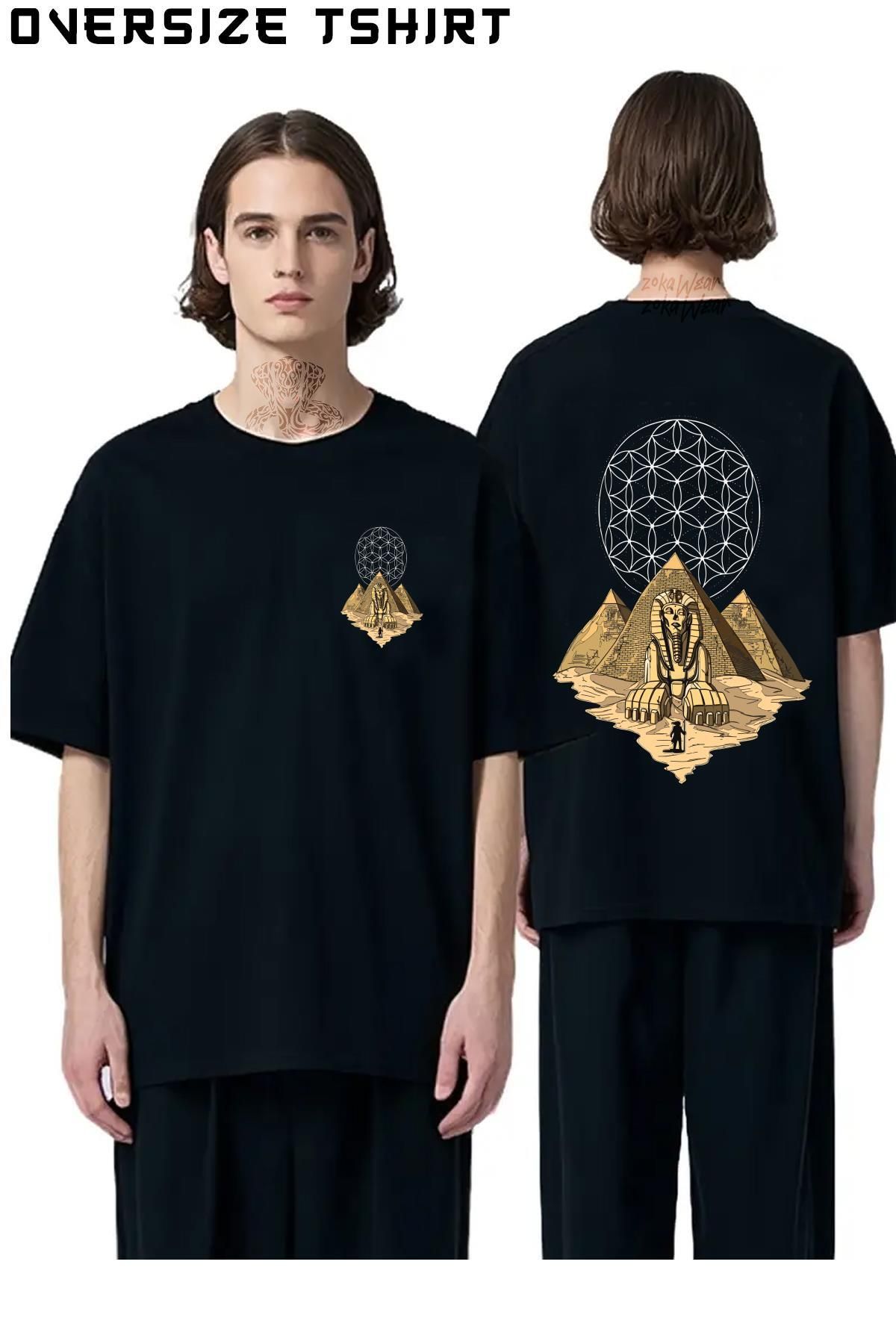ZOKAWEAR Mısır-Piramitleri Sırt Baskılı Oversize Tişört
