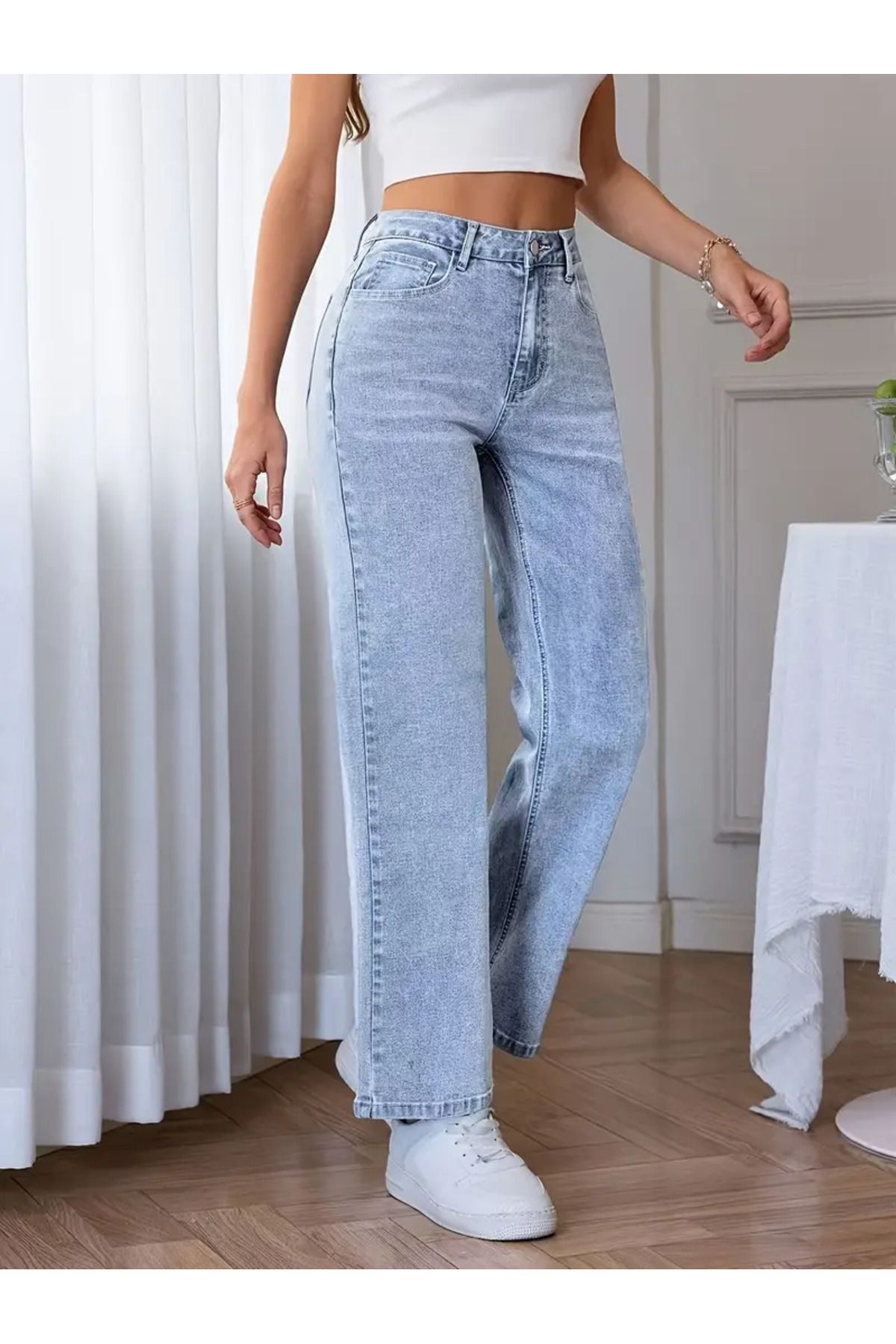 beeke Kayla Beyaz Açık Mavi Süper Yüksek Bel Wide Leg Jeans Likralı Salaş Paça Denim Kot Pantolon