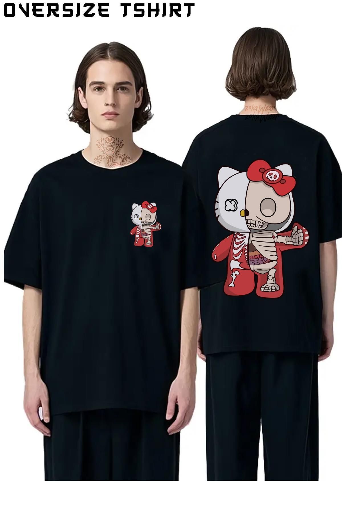 ZOKAWEAR Hello-Kity-Half-Skeleton Sırt Baskılı Oversize Tişört