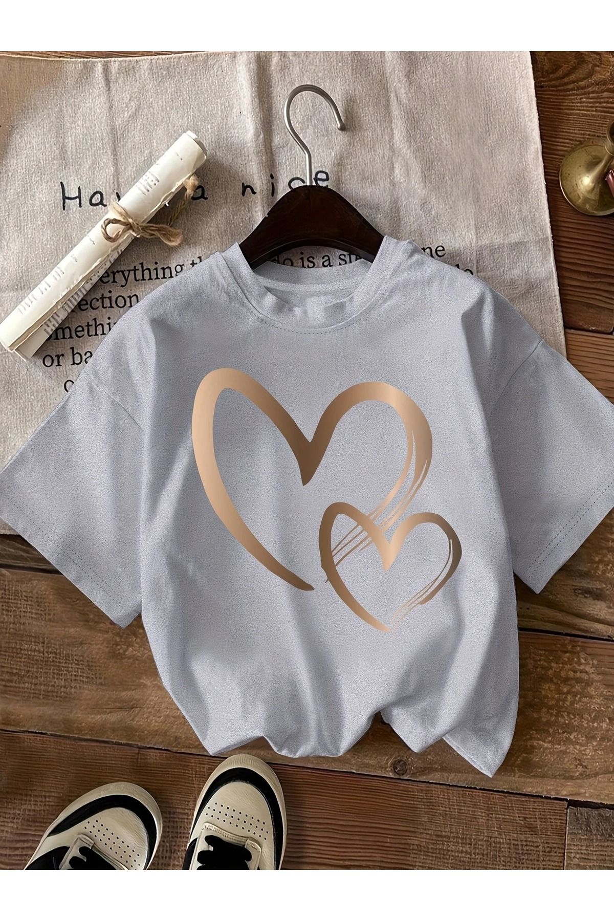 WOODROFFE Kadın Gold Kalp Baskılı Oversize Bisiklet Yaka T-shirt