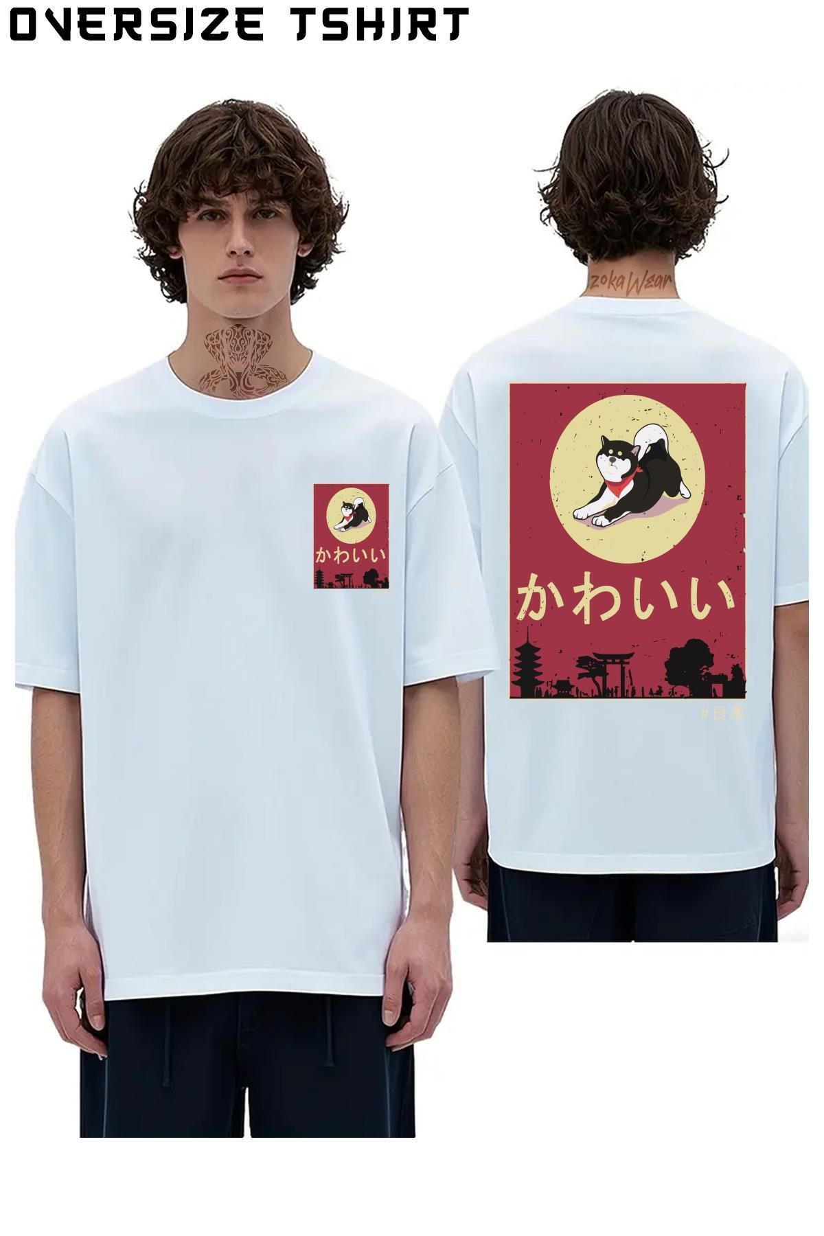 ZOKAWEAR Shiba-Inu-Kawaii-Shibainu-Japan Sırt Baskılı Oversize Tişört