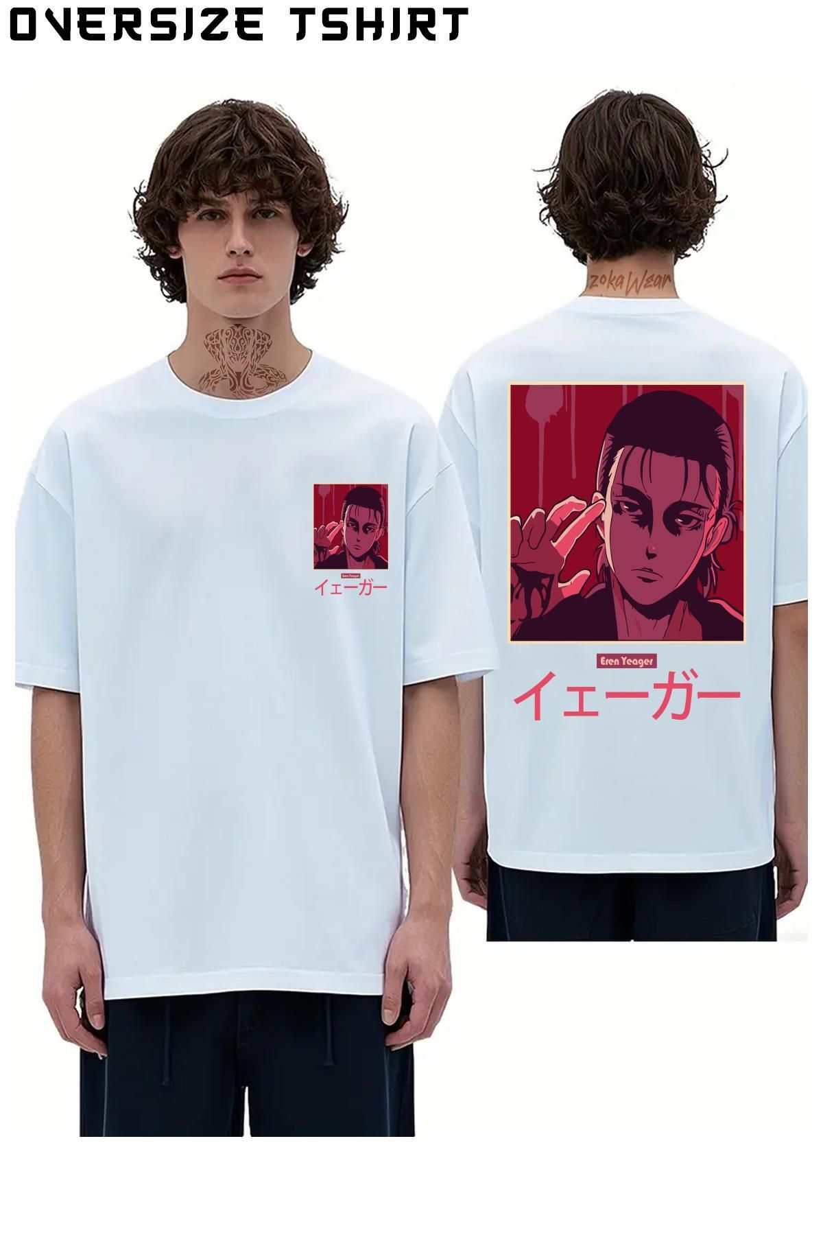 ZOKAWEAR Attack-On-Titan-Eren-Yeager-Anime-5 Sırt Baskılı Oversize Tişört