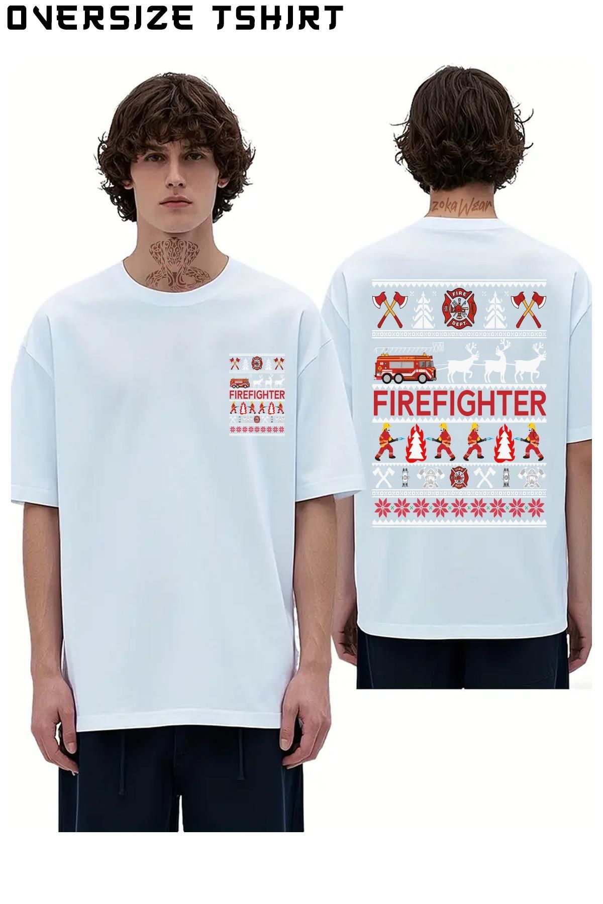 ZOKAWEAR Firefighter-Ugly-Christmas Sırt Baskılı Oversize Tişört