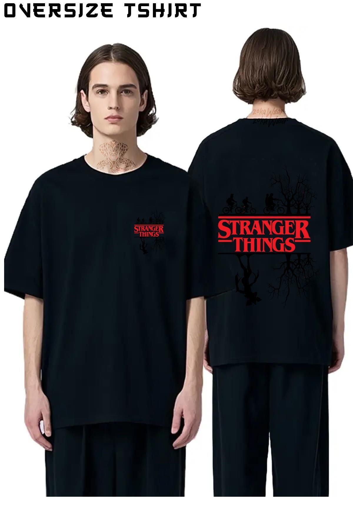 ZOKAWEAR Stranger-Things-(THE-DARK-SİDE-OF-THE-UPSİDE-DOWN) Sırt Baskılı Oversize Tişört