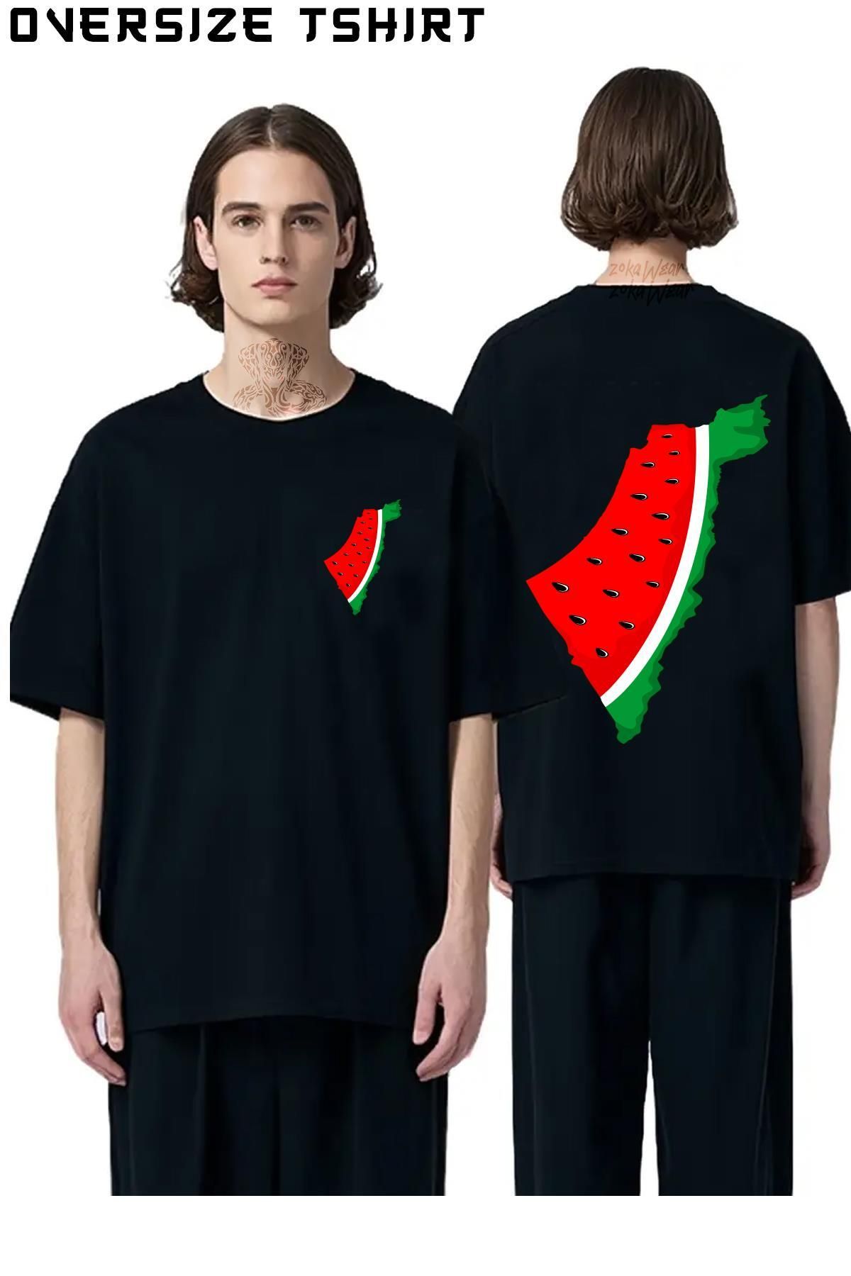 ZOKAWEAR Palestine-Map-Watermelon-Symbol-of-freedom Sırt Baskılı Oversize Tişört