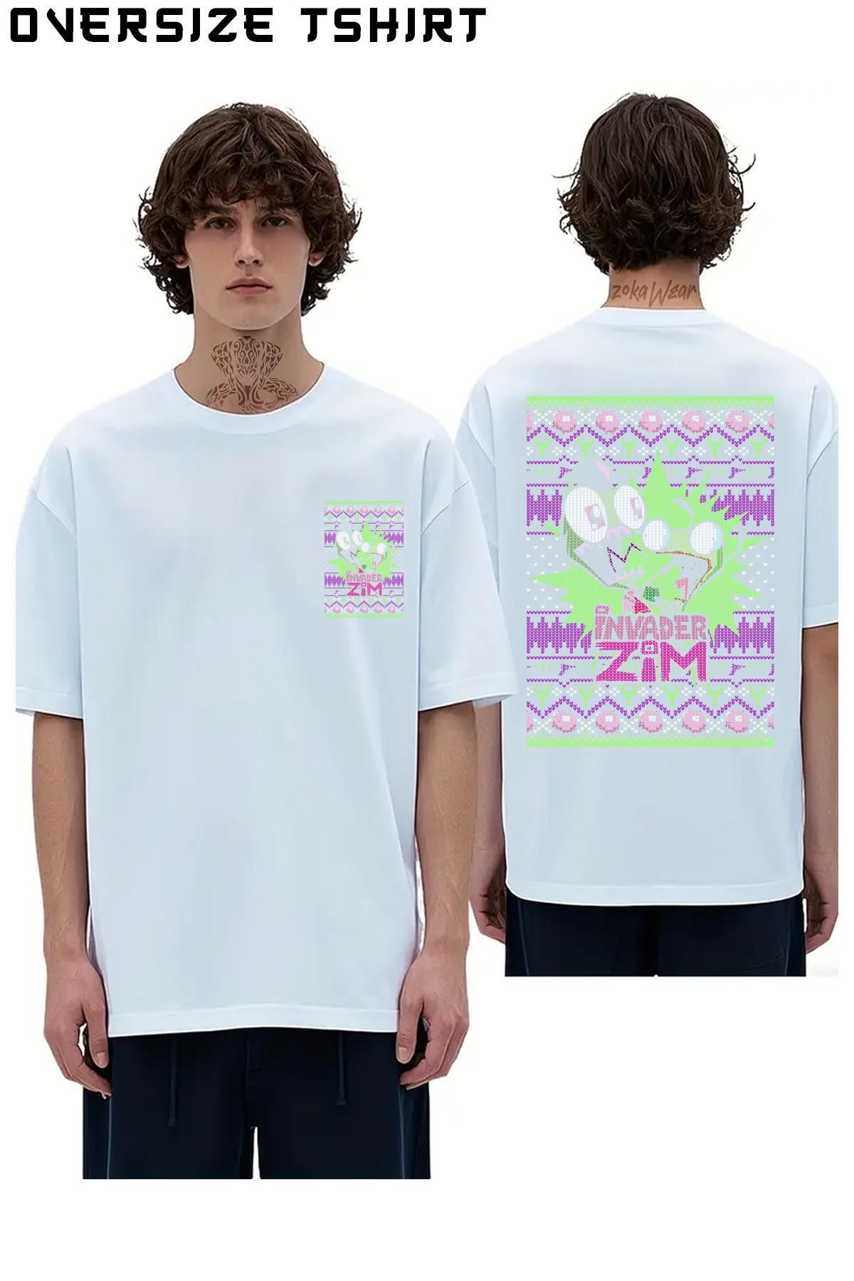 ZOKAWEAR Invader-Zim-Christmas-Holiday Sırt Baskılı Oversize Tişört