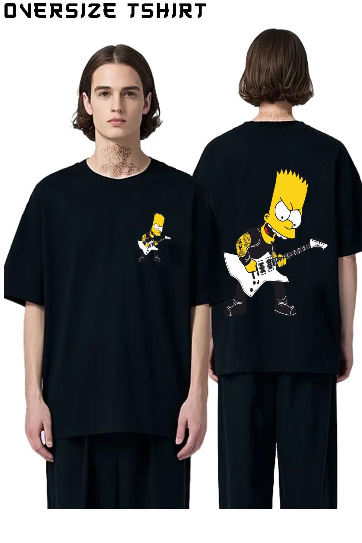 ZOKAWEAR Bart-Simpsons-Elektro-Gitar Sırt Baskılı Oversize Tişört