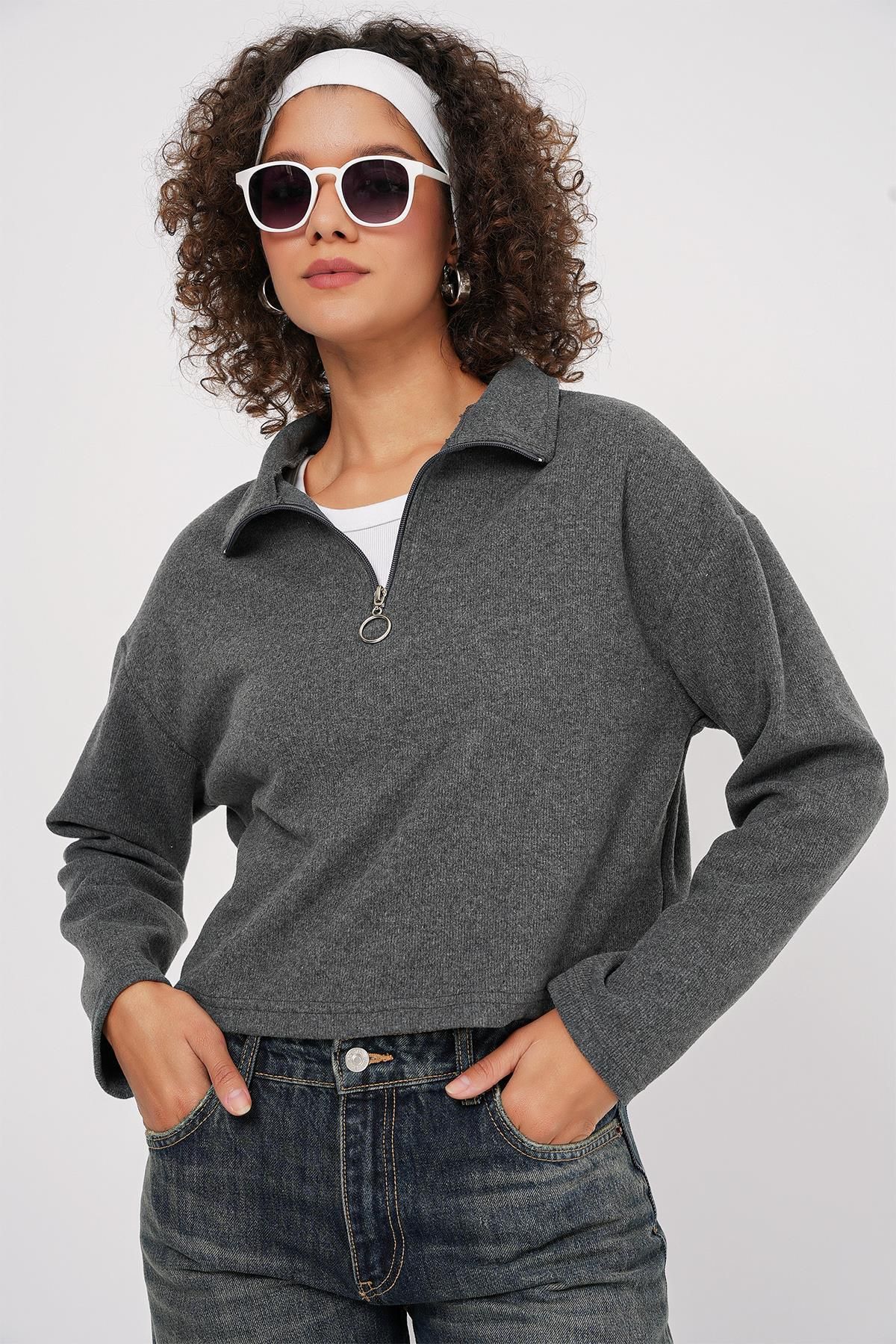 MODAMAİSA Fermuarlı Yaka Örme Sweatshirt - Antrasit