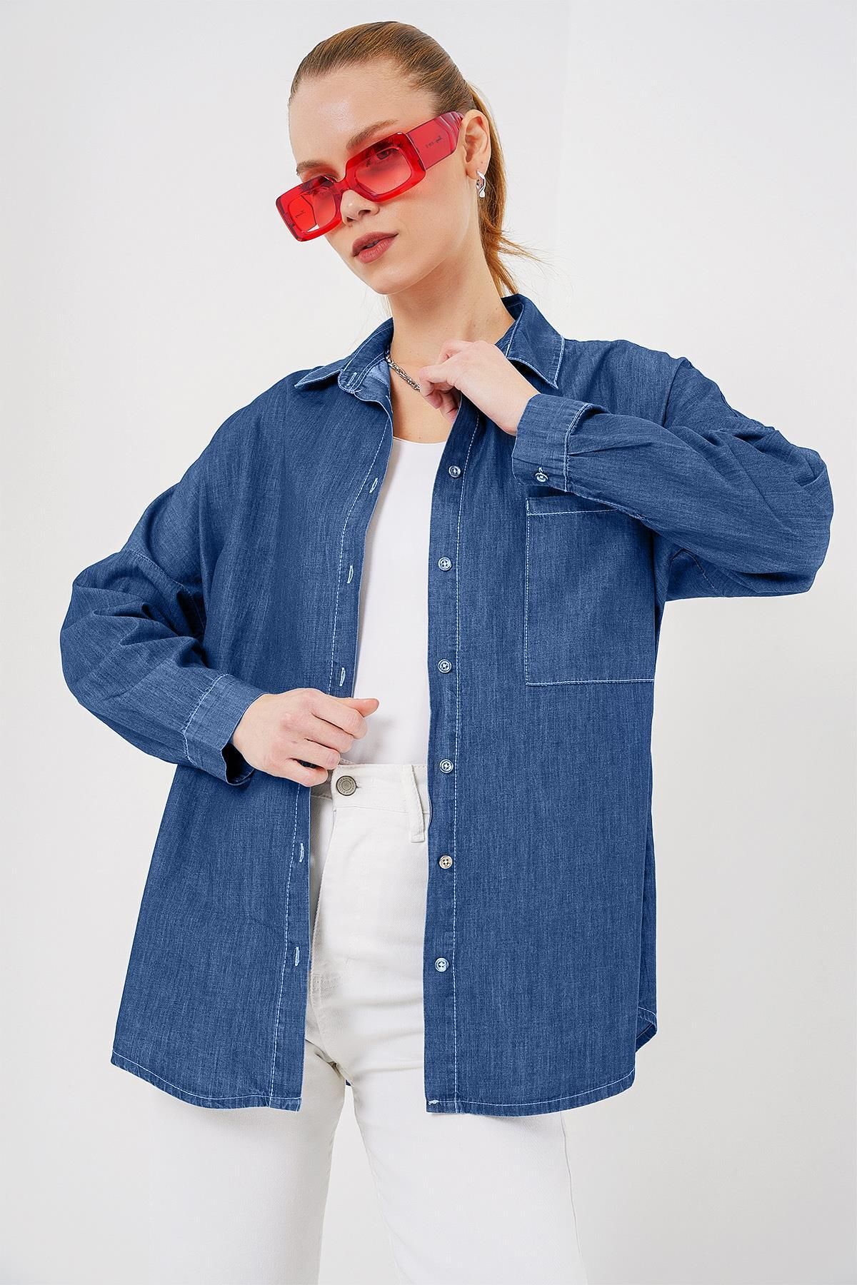 MODAMAİSA Kadın Oversize Kot Gömlek - Lacivert