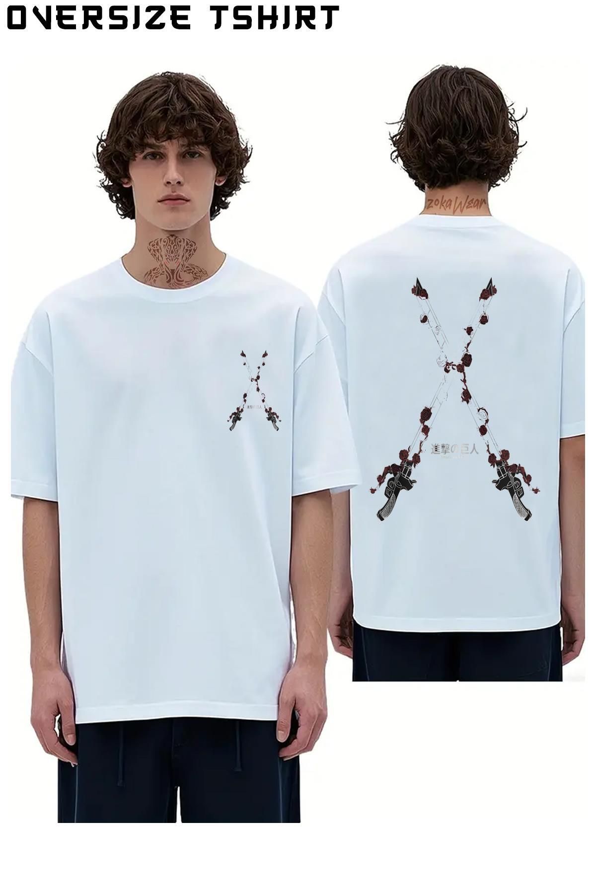 ZOKAWEAR Attack-On-Titan-Güllü-Kılıç Sırt Baskılı Oversize Tişört