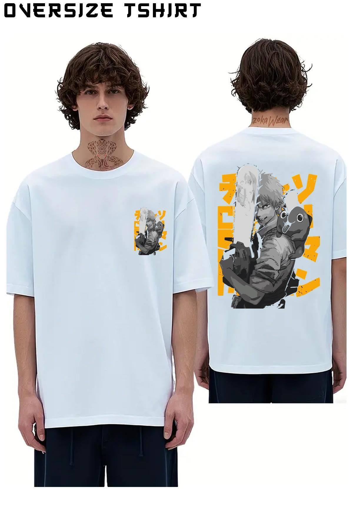 ZOKAWEAR Chainsaw-Man-Denji-Ve-Pochita Sırt Baskılı Oversize Tişört