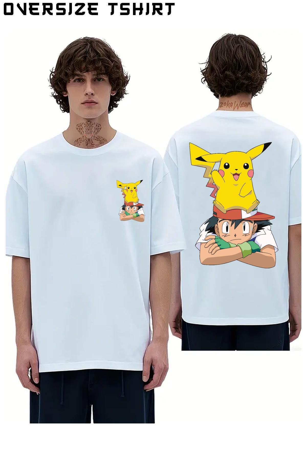 ZOKAWEAR Ash-Pokemon-Pikachu Sırt Baskılı Oversize Tişört