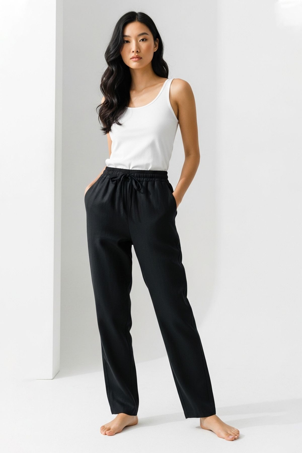 DARK AND BRIGHT Günlük Keten Beli Bağcıklı Kadın Pantolon Basic Keten Jogger / Harem Pantolon Kadın