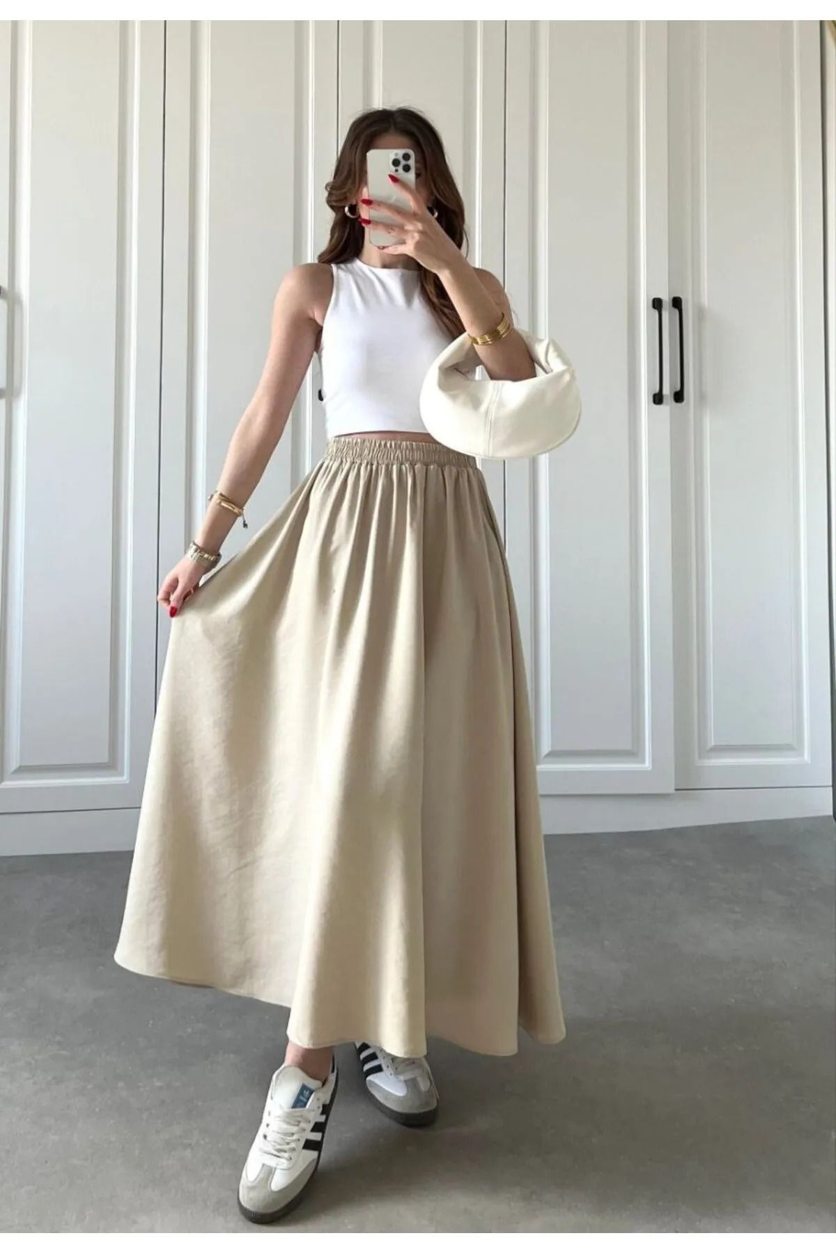 GOOD&DESS Uzun Lastikli Günlük Etek Poplin Kumaş