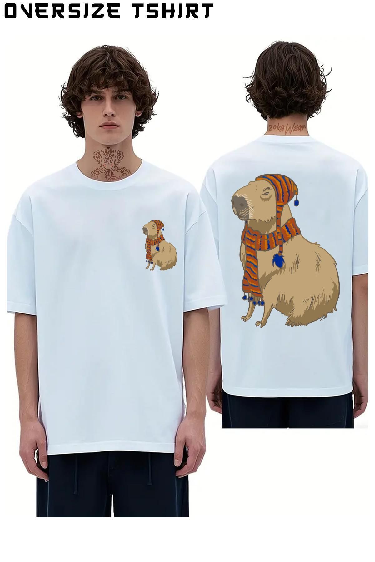 ZOKAWEAR Anime-style-Capybara-Just-Sitting-There-With-Hat-And-Scarf Sırt Baskılı Oversize Tişört