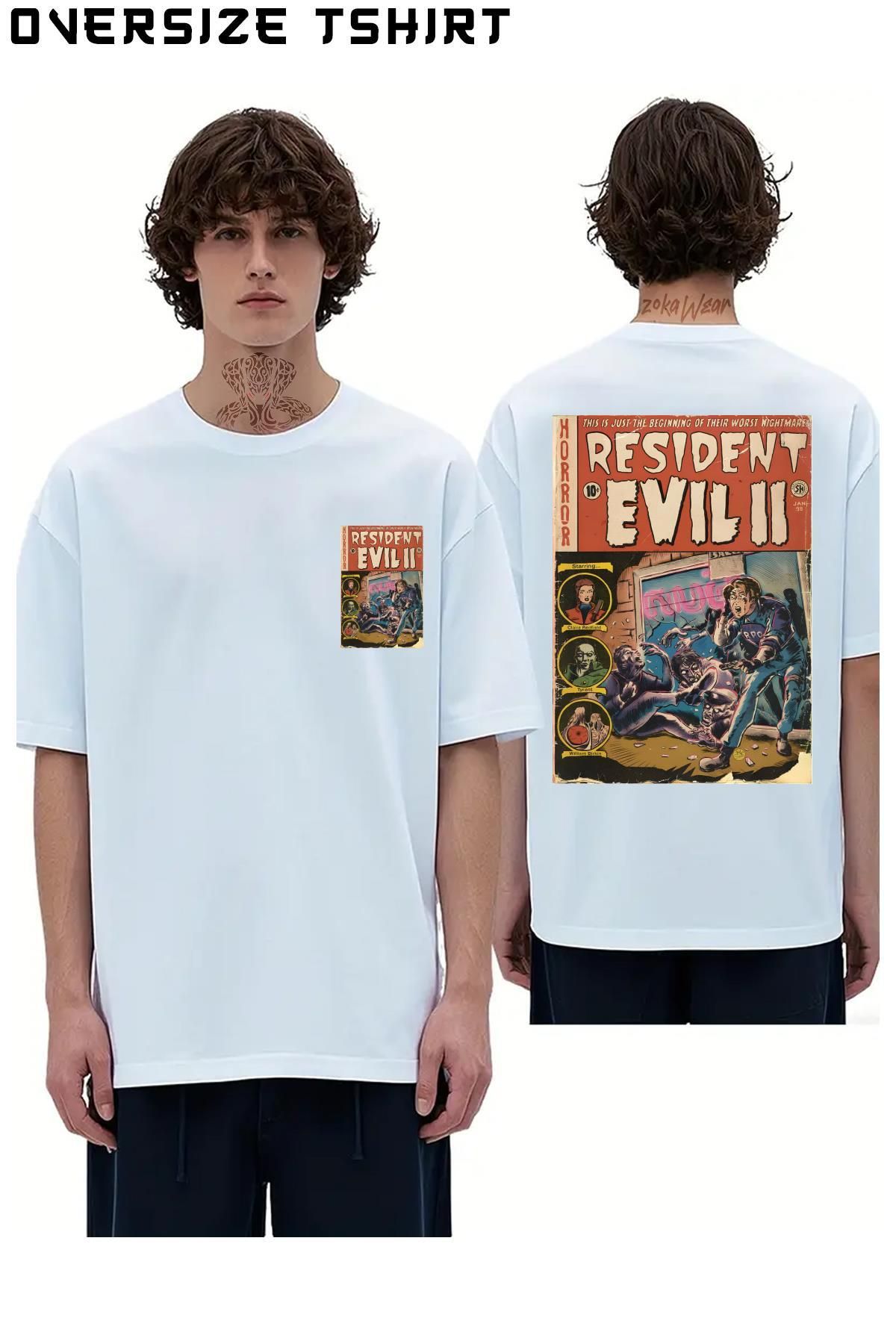 ZOKAWEAR Resident-Evil-2-Fan-Art-Comic-Book Sırt Baskılı Oversize Tişört