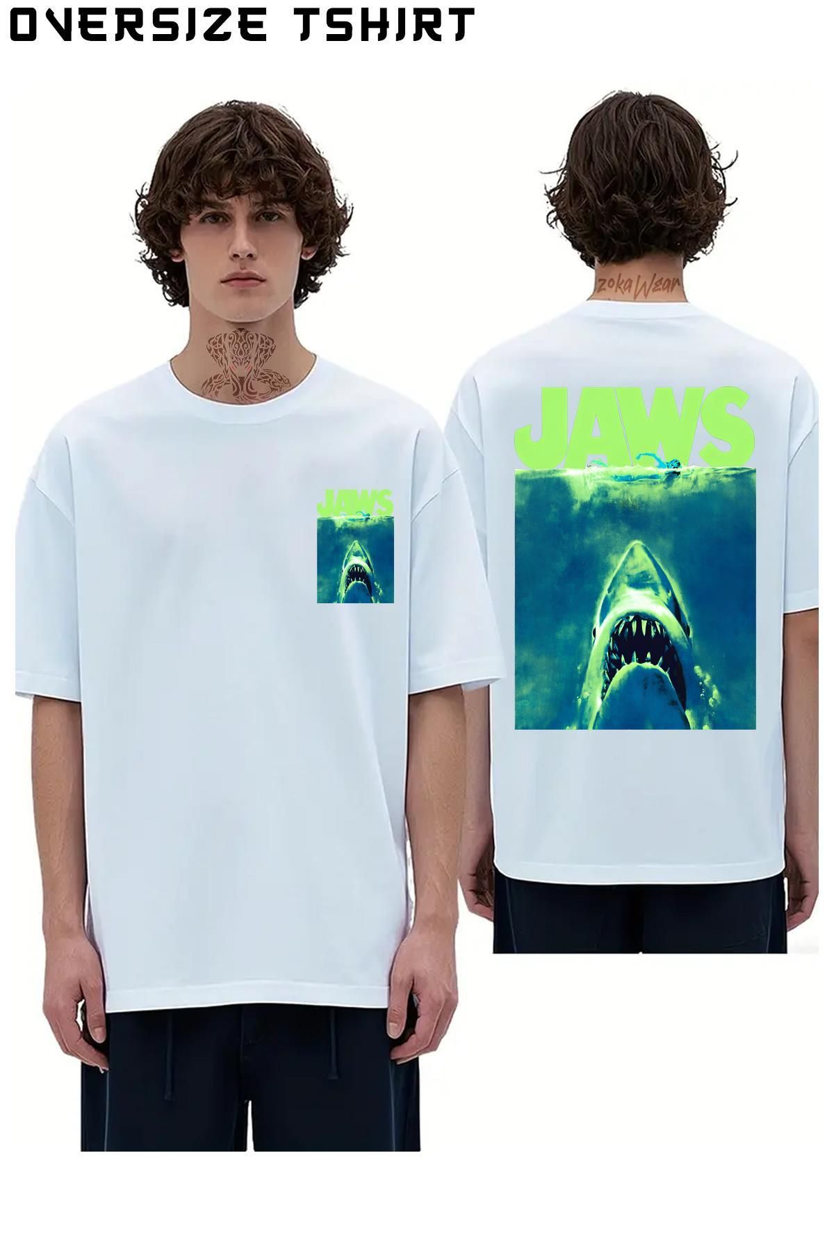 ZOKAWEAR Jaws-Surfacing-Neon-Poster Sırt Baskılı Oversize Tişört