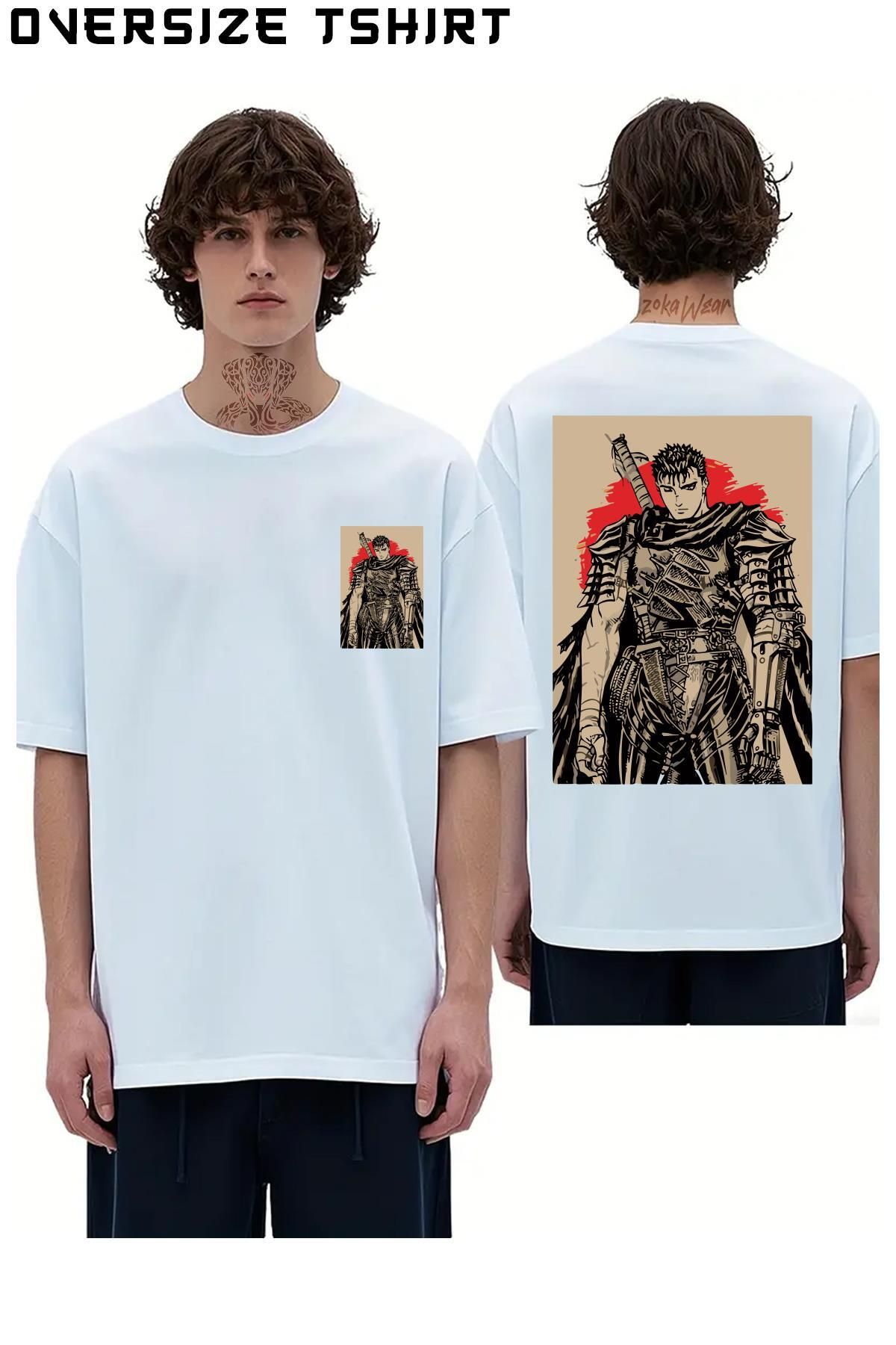 ZOKAWEAR Berserk-Guts-(Çizim)-Anime-Karakter Sırt Baskılı Oversize Tişört