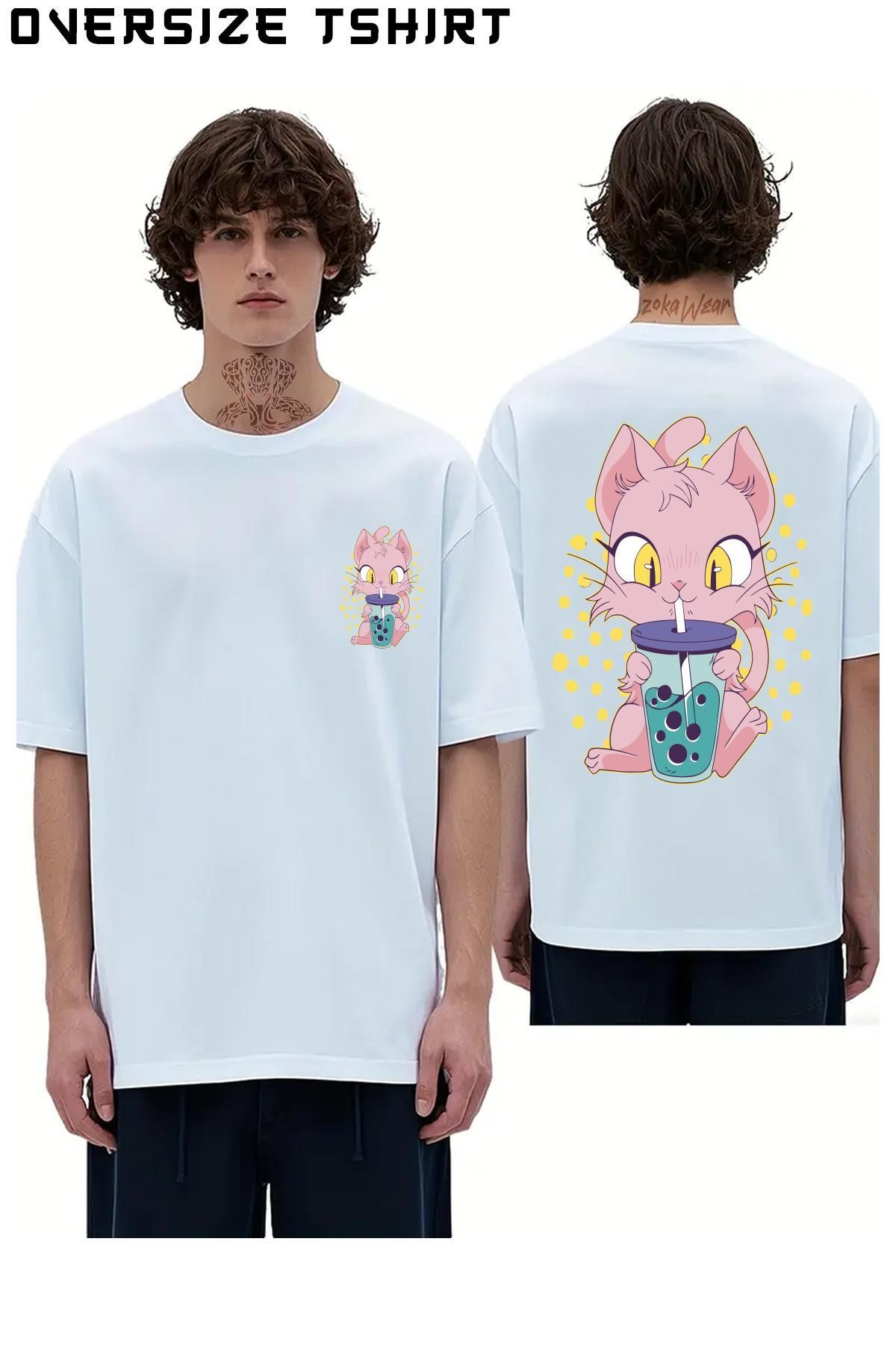 ZOKAWEAR Sevimli-Kedi Sırt Baskılı Oversize Tişört
