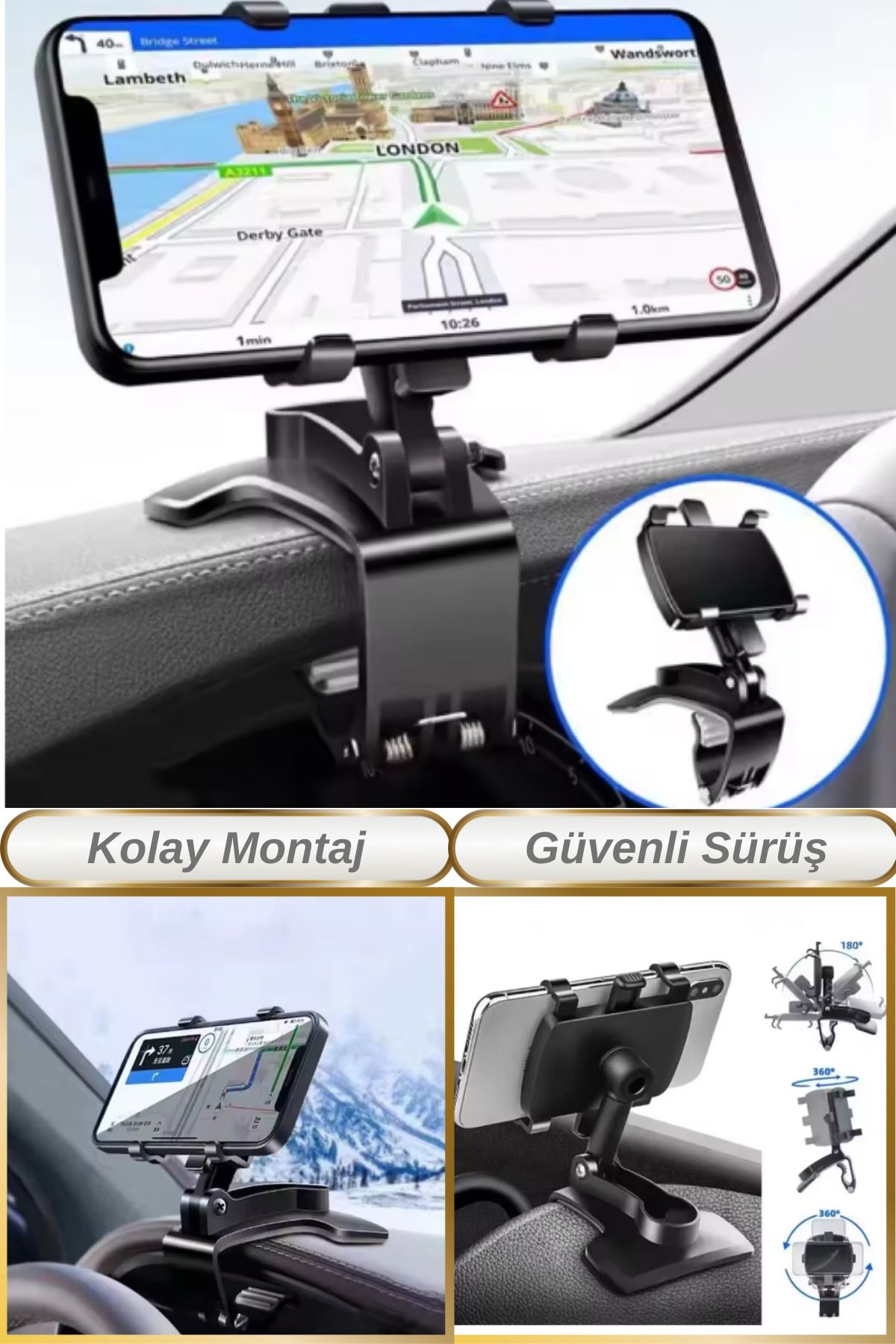 Hane Dostu Ergonomik Tasarım | Evrensel Uyum | 360 ° Oynar Başlık Gösterge Üstü Araç Telefon Tutucu