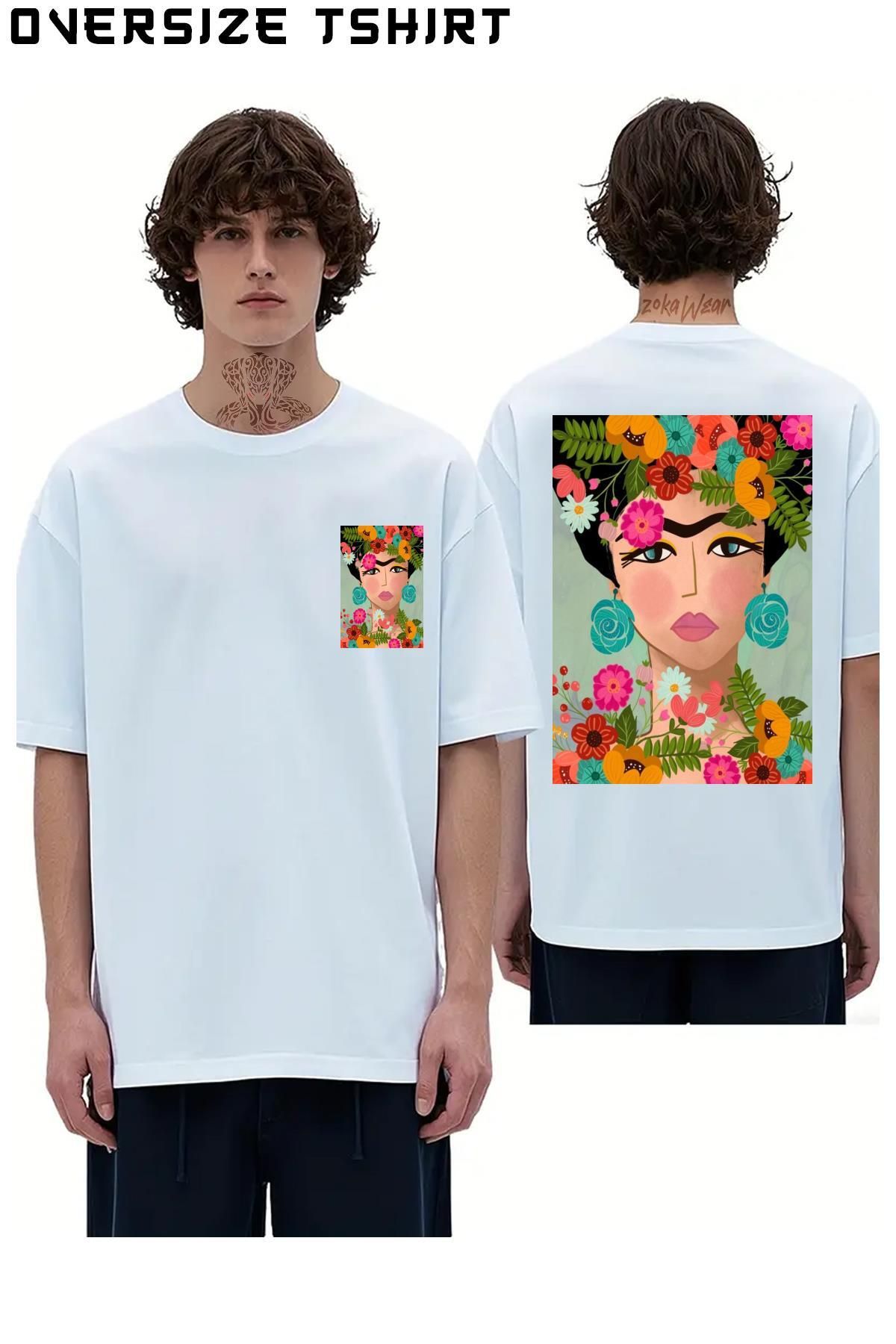 ZOKAWEAR FRIDA-Floral-Art Sırt Baskılı Oversize Tişört