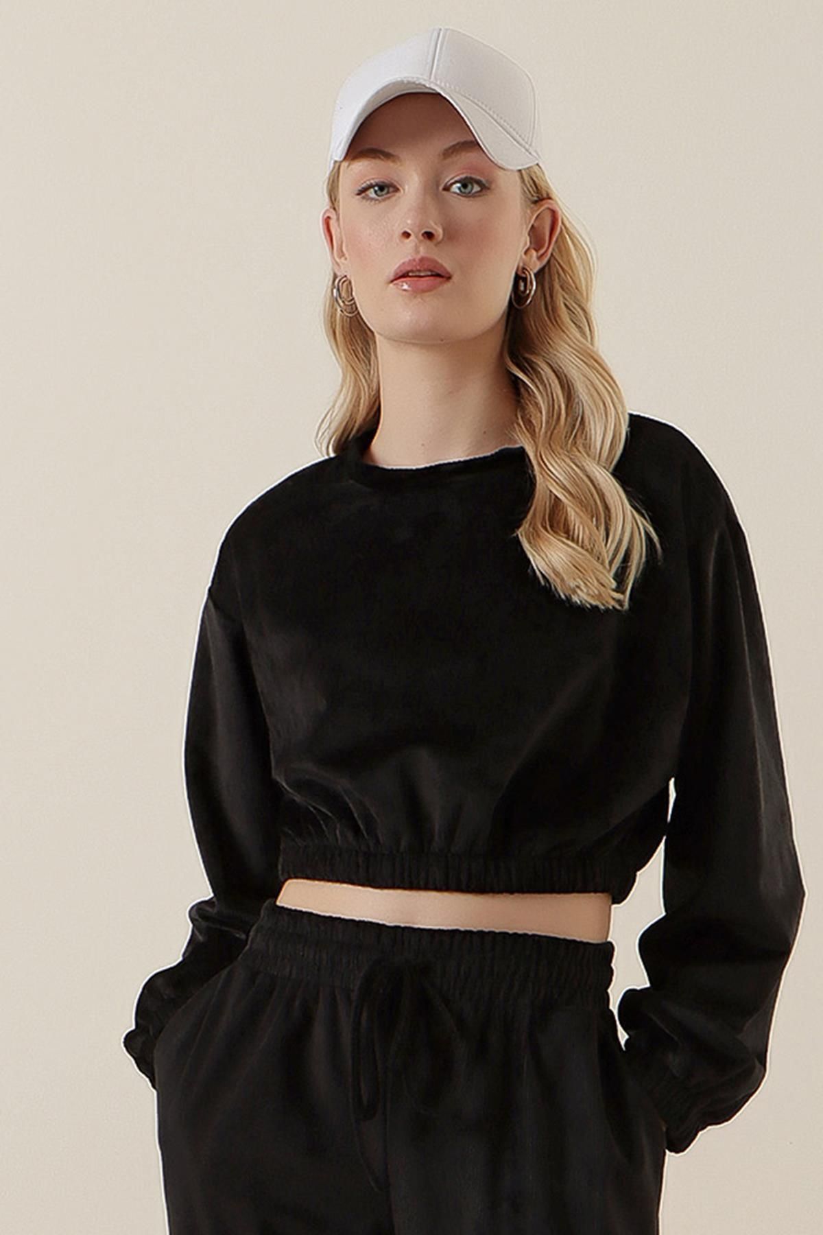 MODAMAİSA Kadife Crop Bluz - Siyah