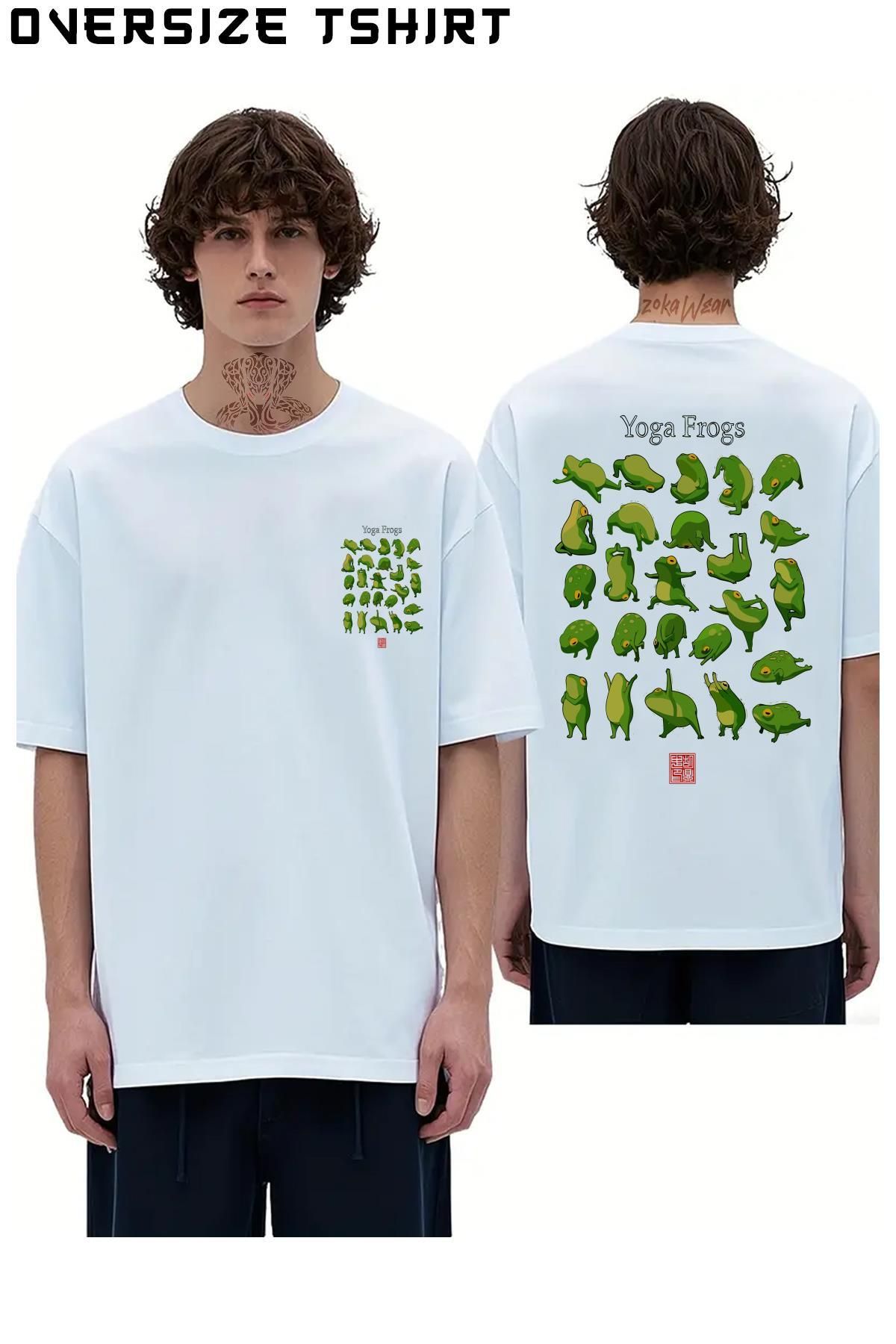 ZOKAWEAR Yoga-Frogs-Poster Sırt Baskılı Oversize Tişört