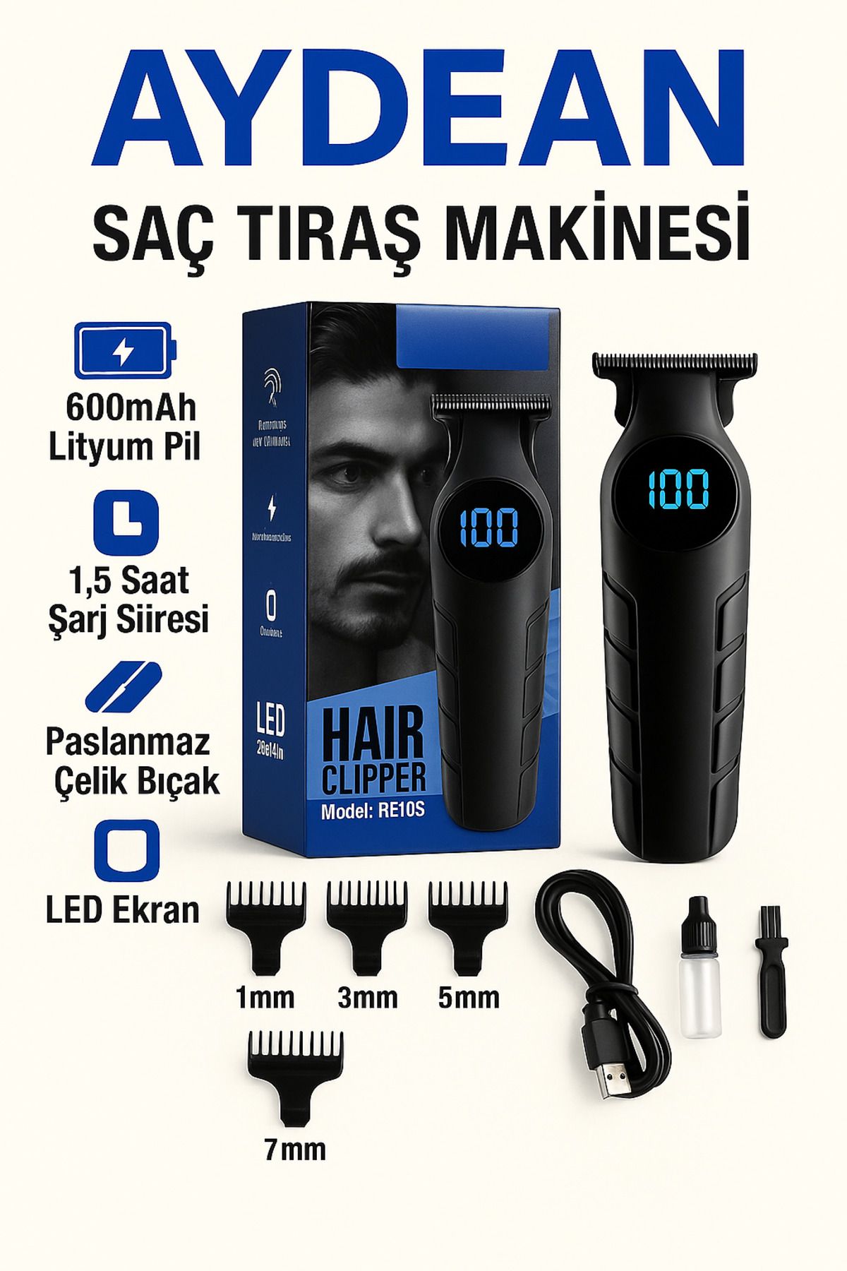 aydean Profesyonel Saç Sakal Ense Tıraş Makinesi - Şarjlı, LED Ekranlı, USB Girişli