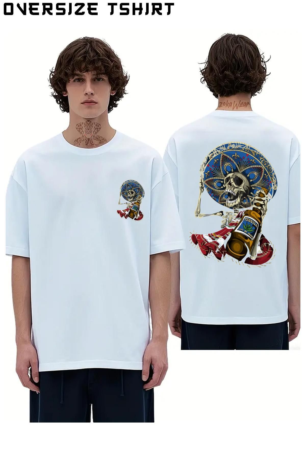 ZOKAWEAR Mariachi-Aztec-Day-Of-The-Dead Sırt Baskılı Oversize Tişört