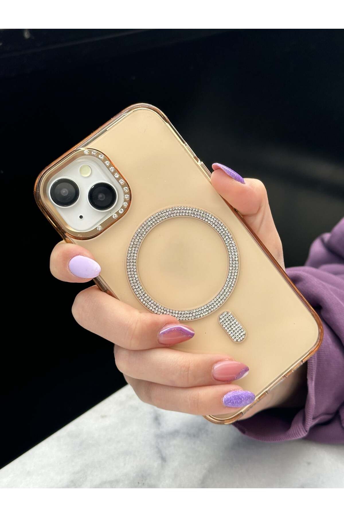 Paladyum Case iPhone 15 Uyumlu Sararmaz Sert Mika MagSafe Pırlanta Taşlı Şeffaf Gold Kılıf