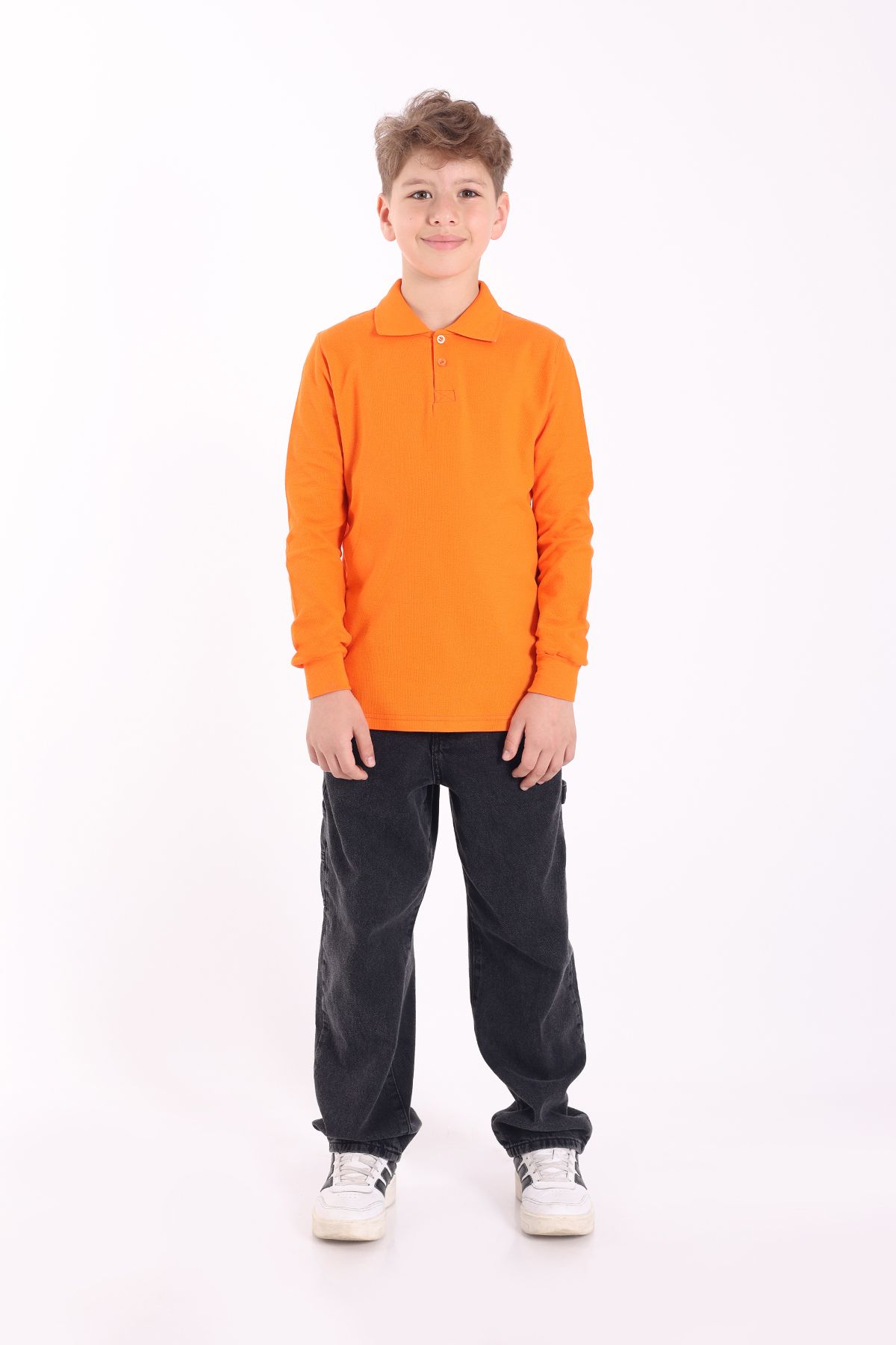 Re&Gi Rekor Unisex Çocuk Polo Yaka Okul Tişört Basic Uzun Kollu T-shirt 5-16 Yaş Turuncu