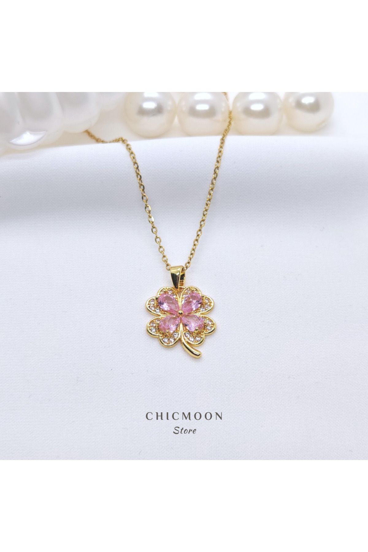 CHICMOON STORE Çelik Altın Rengi Pembe Taşlı Yonca Kolye