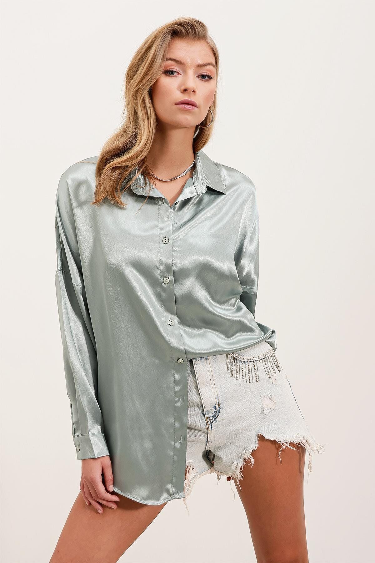 MODAMAİSA Oversize Saten Gömlek - Çağla