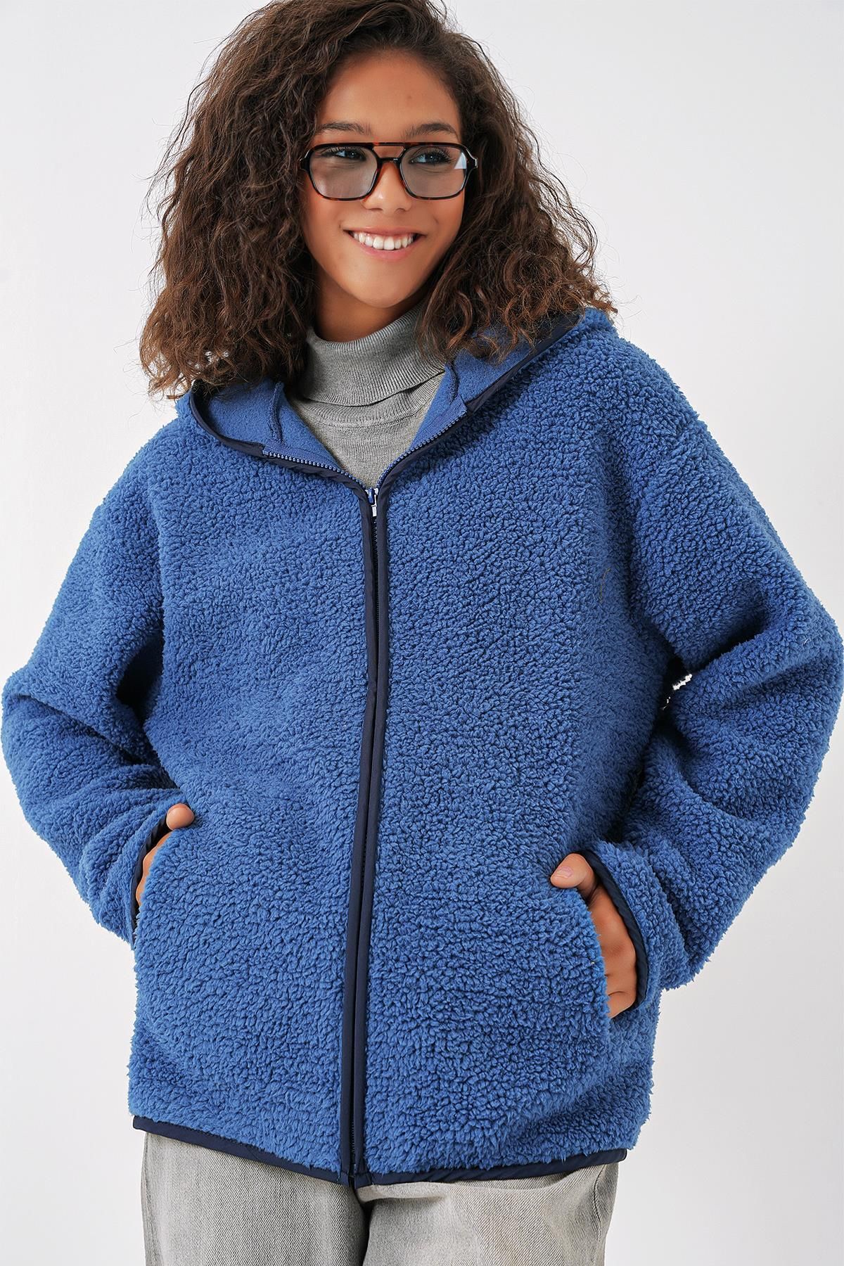 MODAMAİSA Kadın Kapüşonlu Oversize Peluş Ceket - Saks