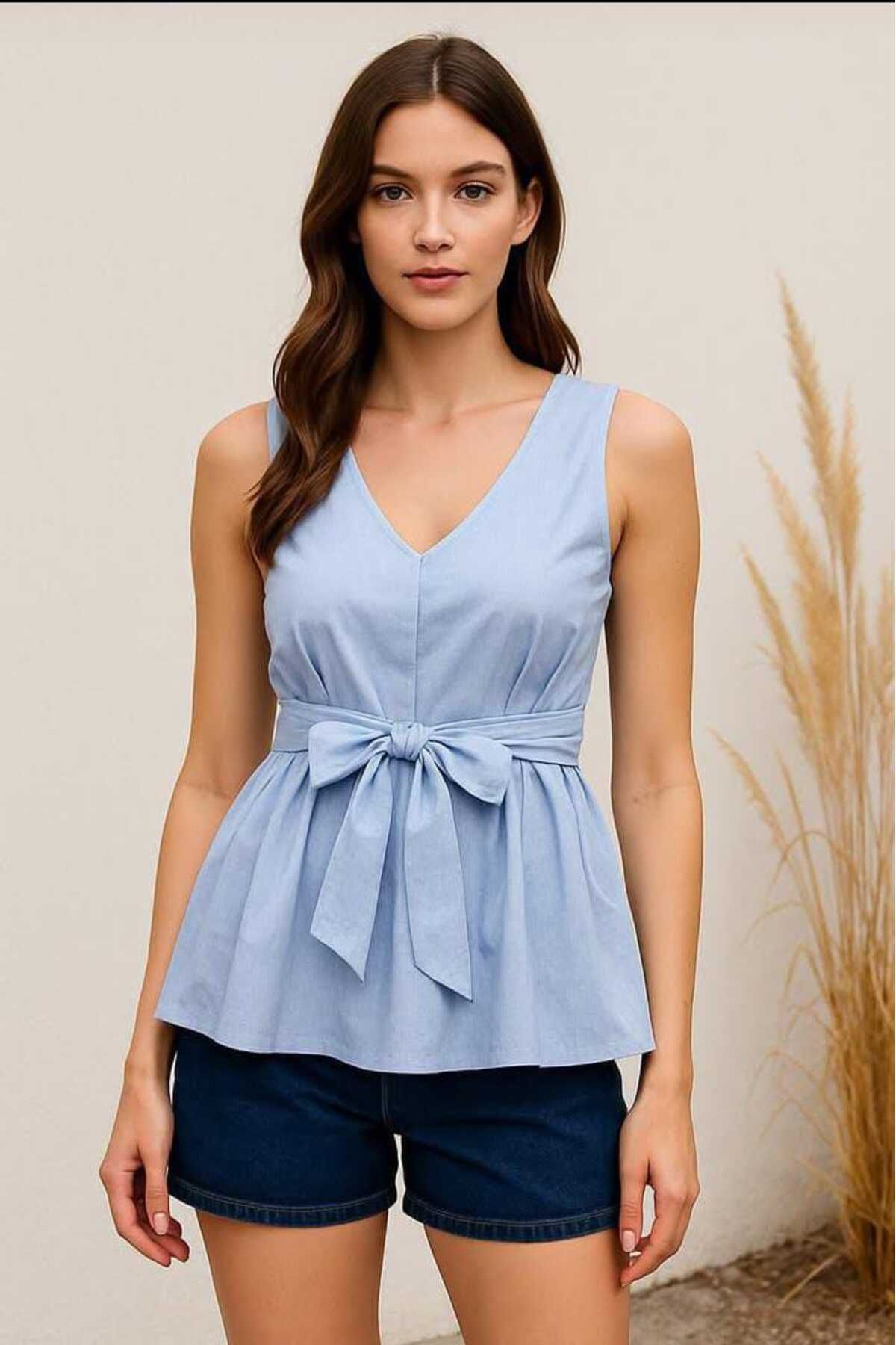 MODA LUNEANDCO Mavi Bağlamalı Kolsuz Bluz