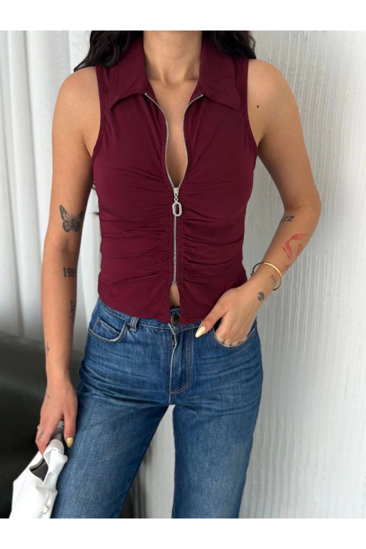 MODA Yakalı Tam Fermuarlı Kolsuz Bluz - Bordo