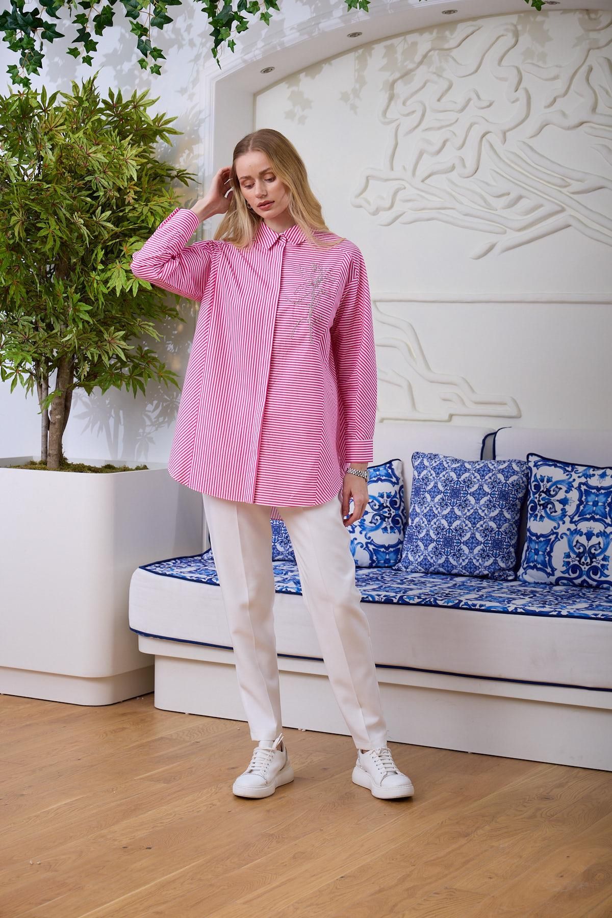 Moodbasic ZİNCİR İŞLEME DETAYLI ÇİZGİLİ GÖMLEK-11279